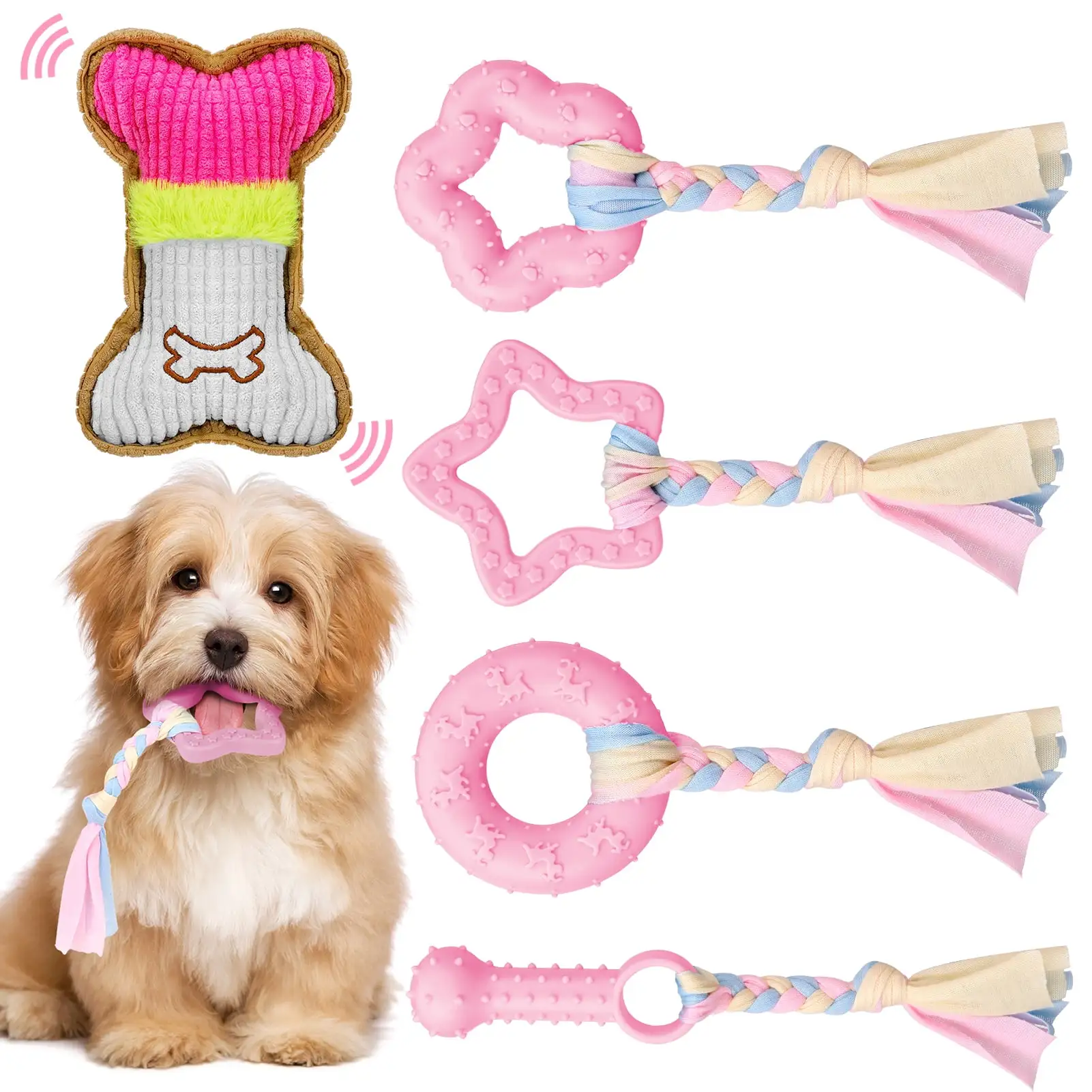 Armscye 5 Pack Puppy Chew Toys for Teething Small Dogs.Pink Rubber Puppy Teething Toys Plush Squeaky Dog Toys for Cleaning Teeth Interactive Pet Doggy Bone Toys