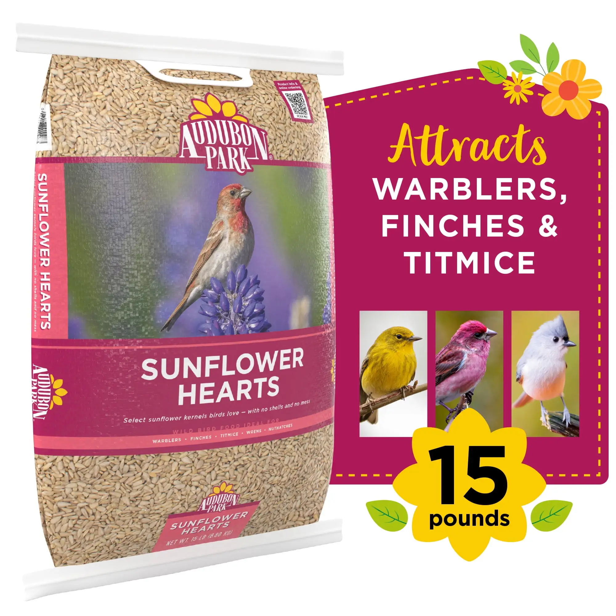 Audubon Park Sunflower Hearts Wild Bird Food. Dry. 1 Count per Pack. 15 lbs.