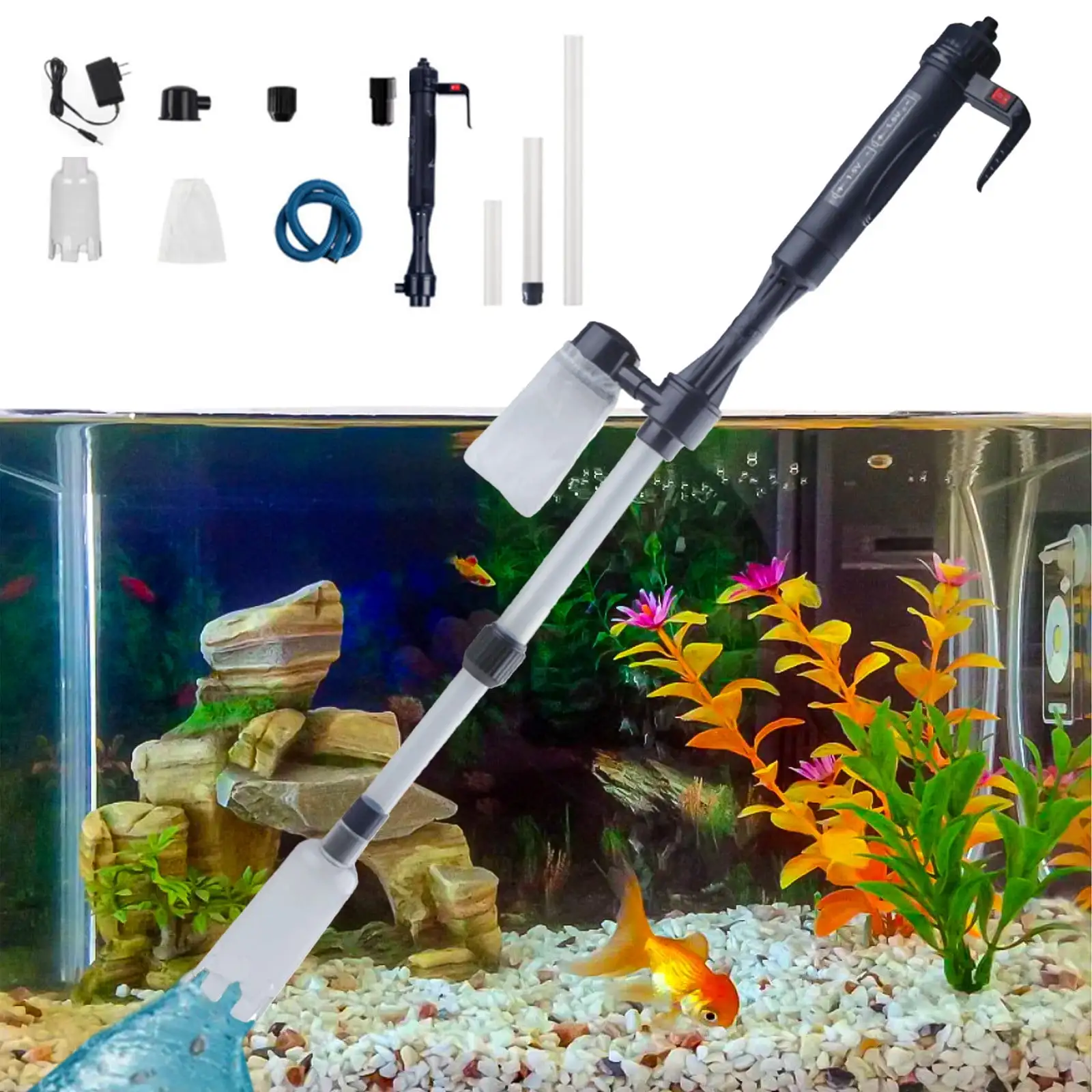 Aufmer Aquarium Vacuum Gravel Cleaner Electric Fish & Turtle Tank Water Changer 4 in 1 Multi-Functional Aquarium Cleaning Tools Set for Water Cleaning & Circulation (20Wa?? 320GPH)