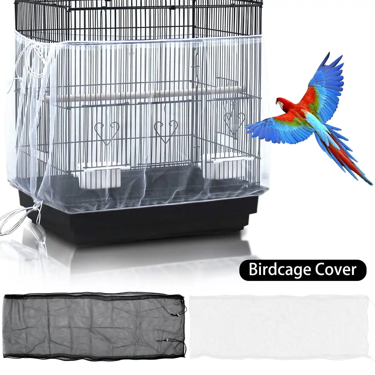 Austok Adjustable Bird Cage Cover Universal Birdcage Nylon Mesh Birdcage Cover Skirt for Parrot Parakeet Round Square Bird Cages