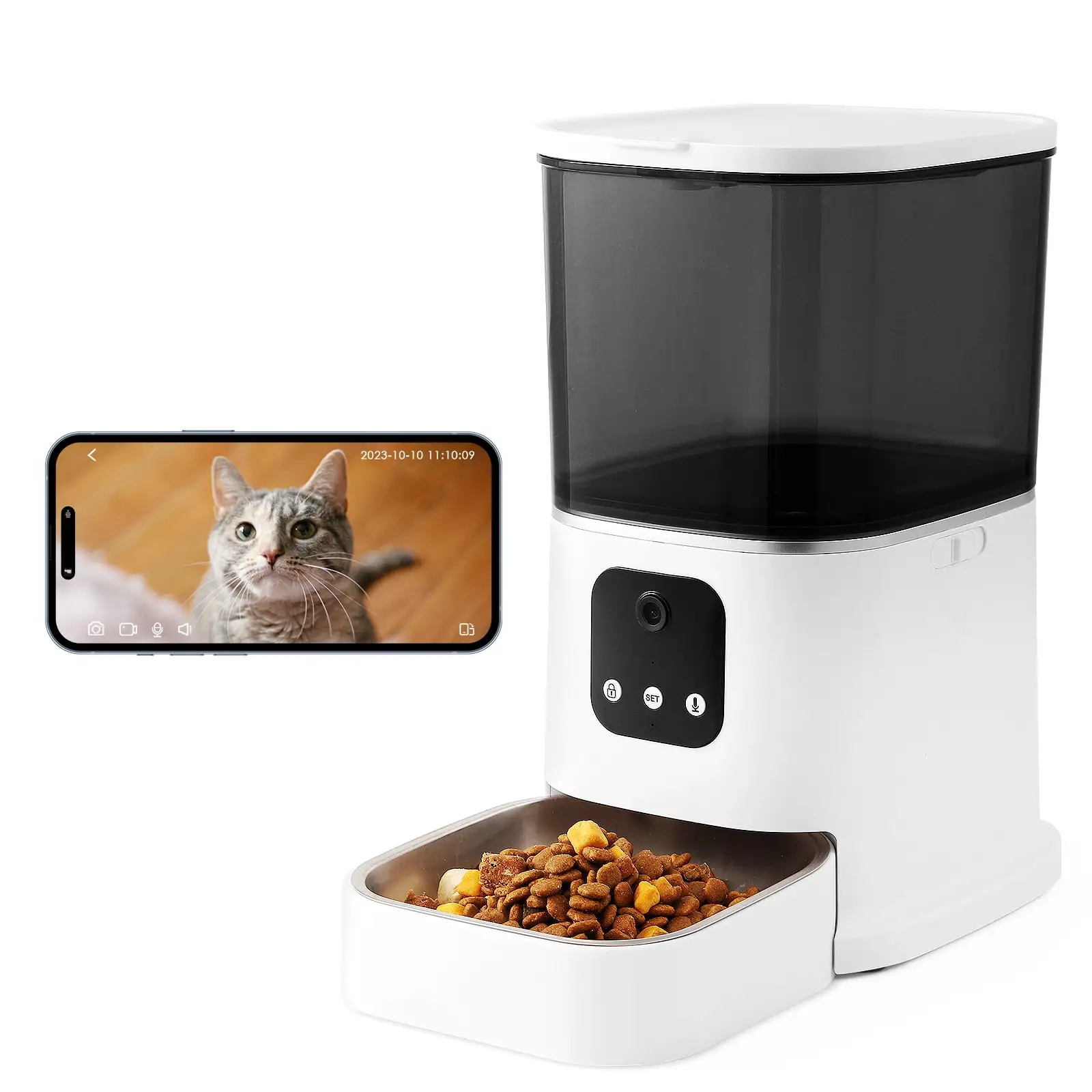 Automatic Cat Feeder with Camera. Automatic Cat Food Dispenser. 2.4G WiFi 1080P Timed Cat Feeder with APP Control for Remote Feeding. 6L Automatic Feeder for Cats Dogs