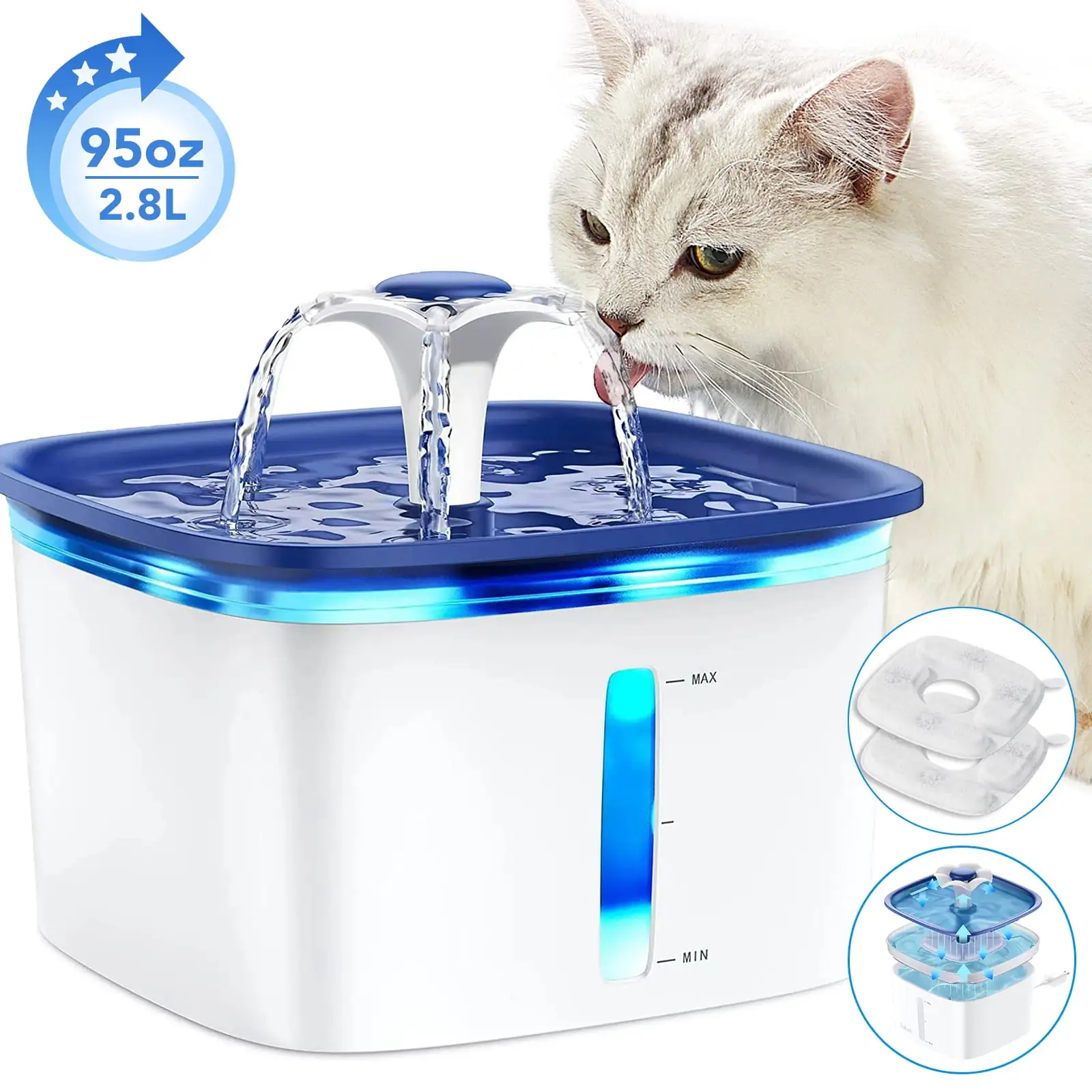 Automatic Pet Water Fountain 95oz/2.8L with Replacement Filters. Electric Water Bowl for Cats. Dogs. Multiple Pets. Cat & Dog Water Dispenser with Efficient Pump. Blue. Plastic