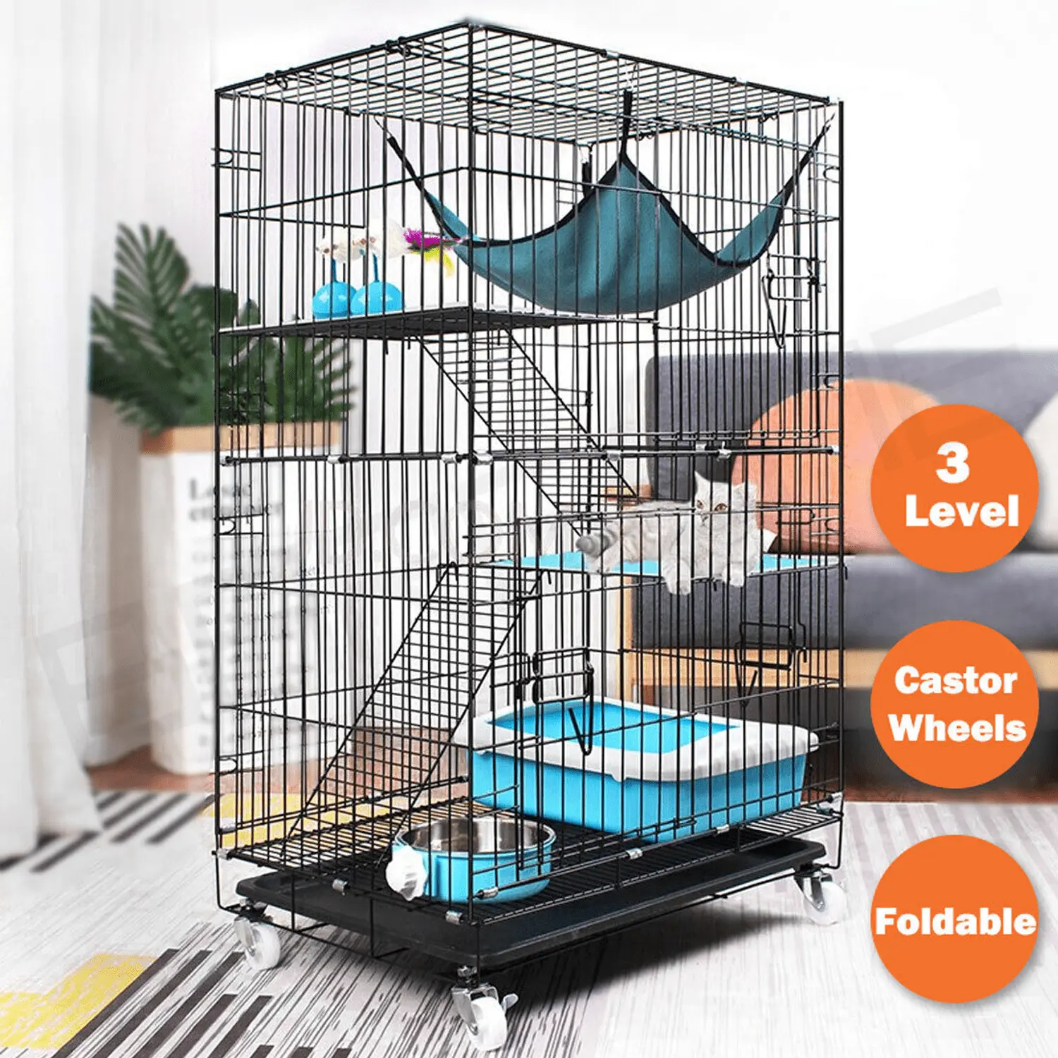 BESTSLE Cat Cage 3 -Tier .Pets Playpen Cat Kennel.with 3 Doors. Casters. Tray. Hammock. Pumpkin Nest . Perfect for 1-3 Cats