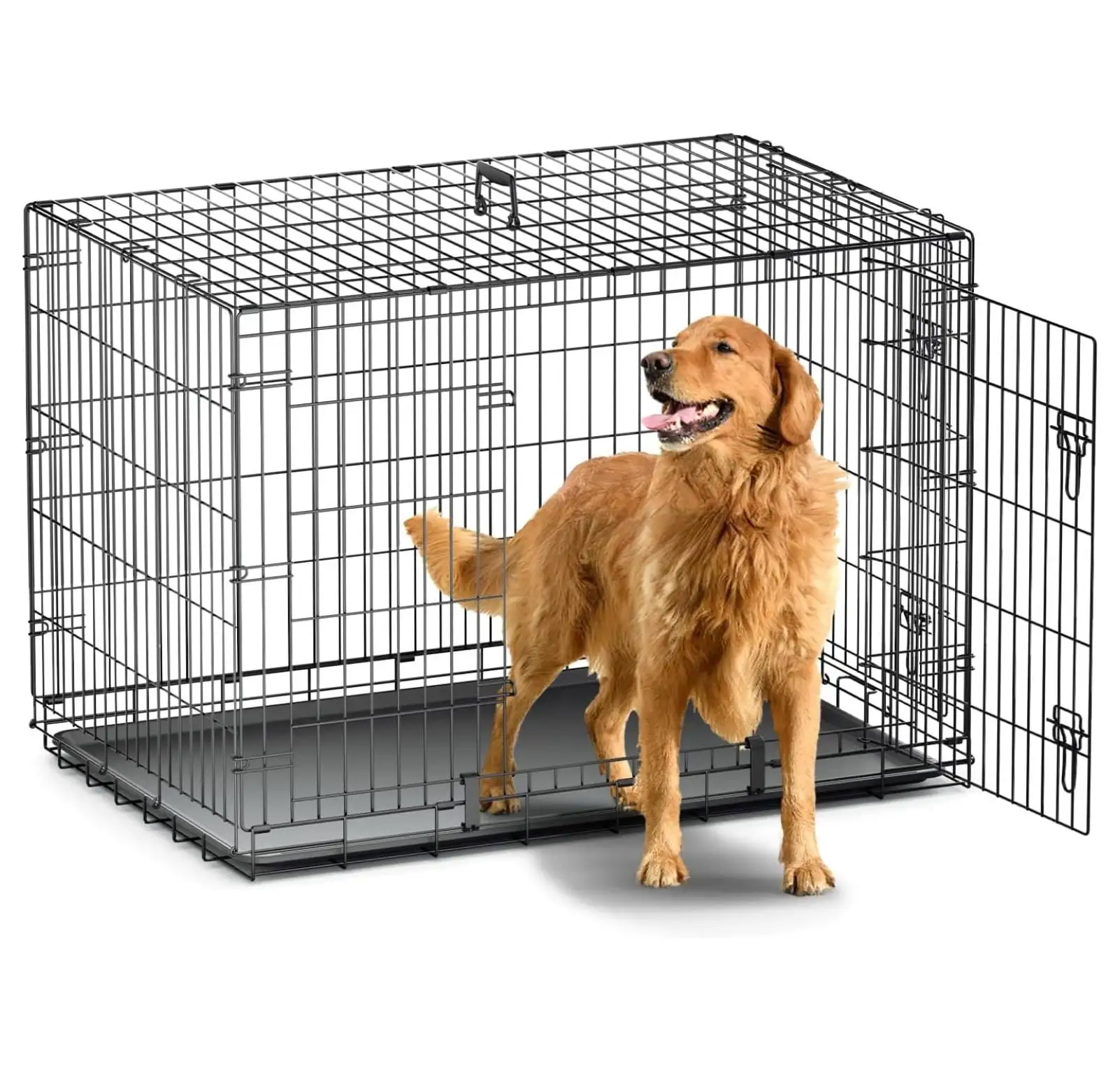 BIN24 24/30/36/42/ Dog Crates. Foldable Metal Wire Dog Cage with Double-Door. Outdoor Indoor Pet Kennels. Includes Leak-Proof Pan. Divider Panel. Black. 42