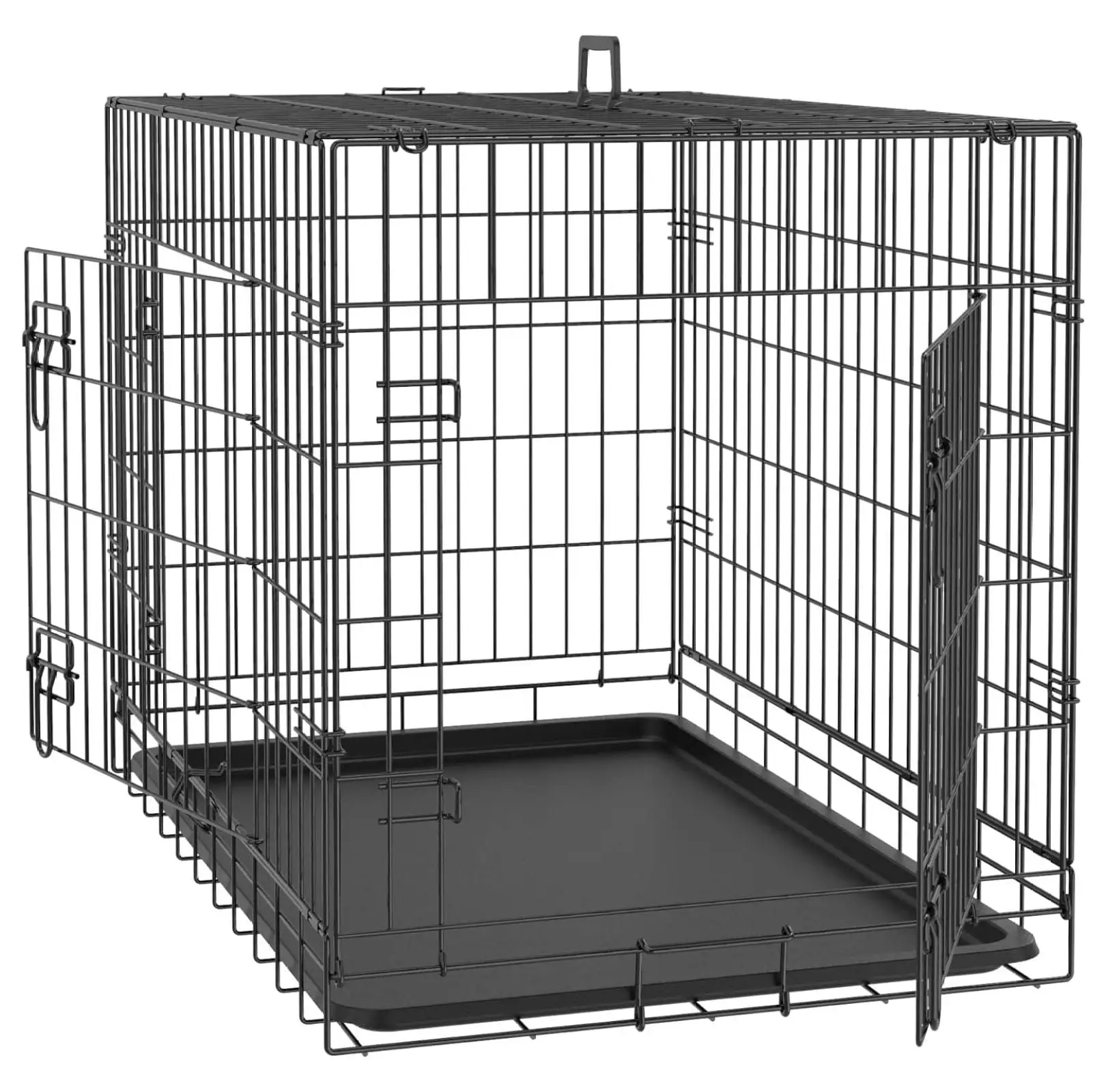 BIN24 30/36/42Inches Double Door Dog Crate Folding Metal Wire Dog Kennel Cage with Tray for Small/Medium/Large Dogs Indoor Outdoor Travel Use. Black