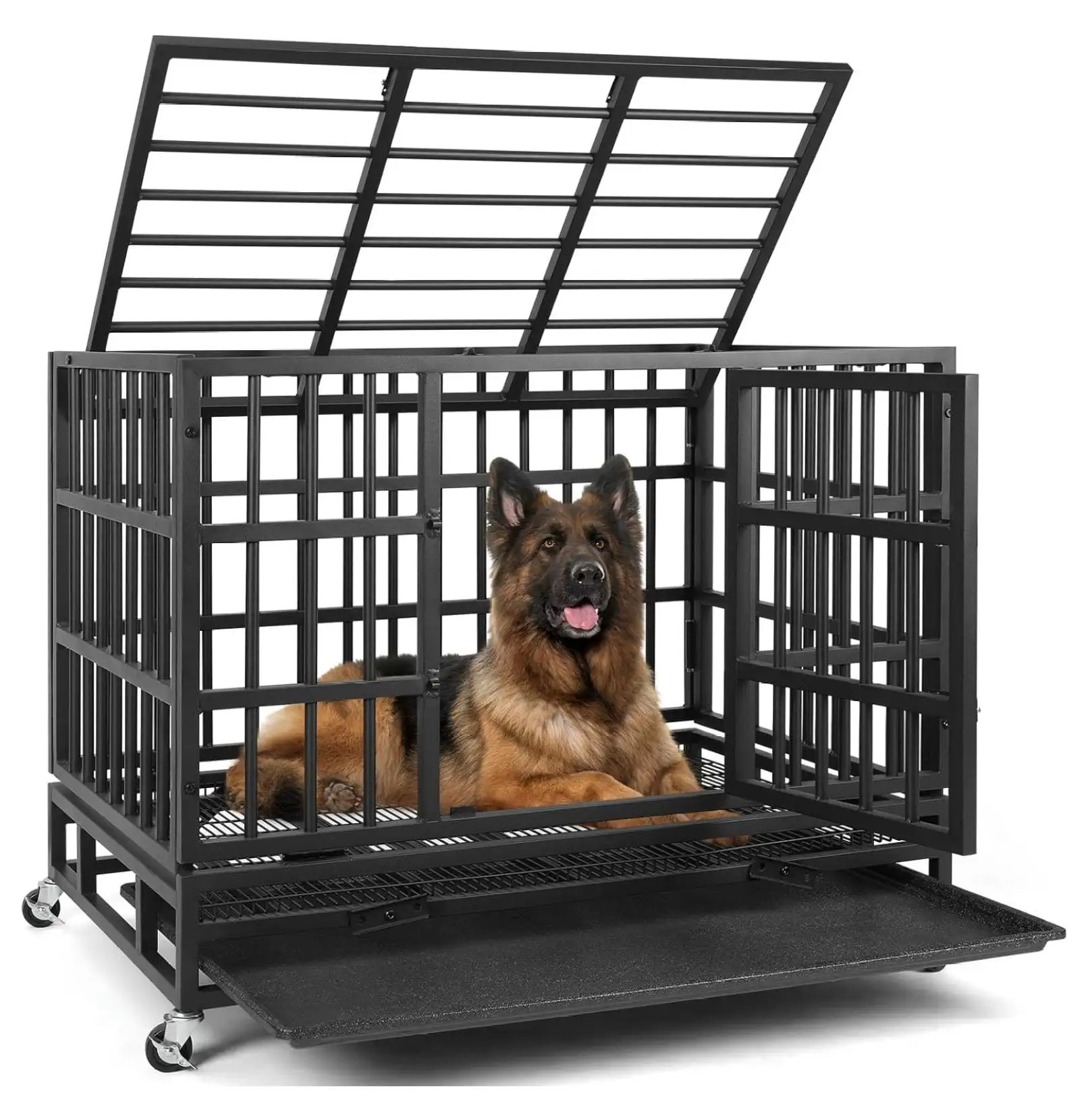 BIN24 38 Heavy Duty Indestructible Dog Crate. High Anxiety Dog Crate. Escape Proof Dog Cage Kennel with 4 Lockable Wheels. Double Sturdy Locks. Double Door and Removable Tray Design. for Large Dogs