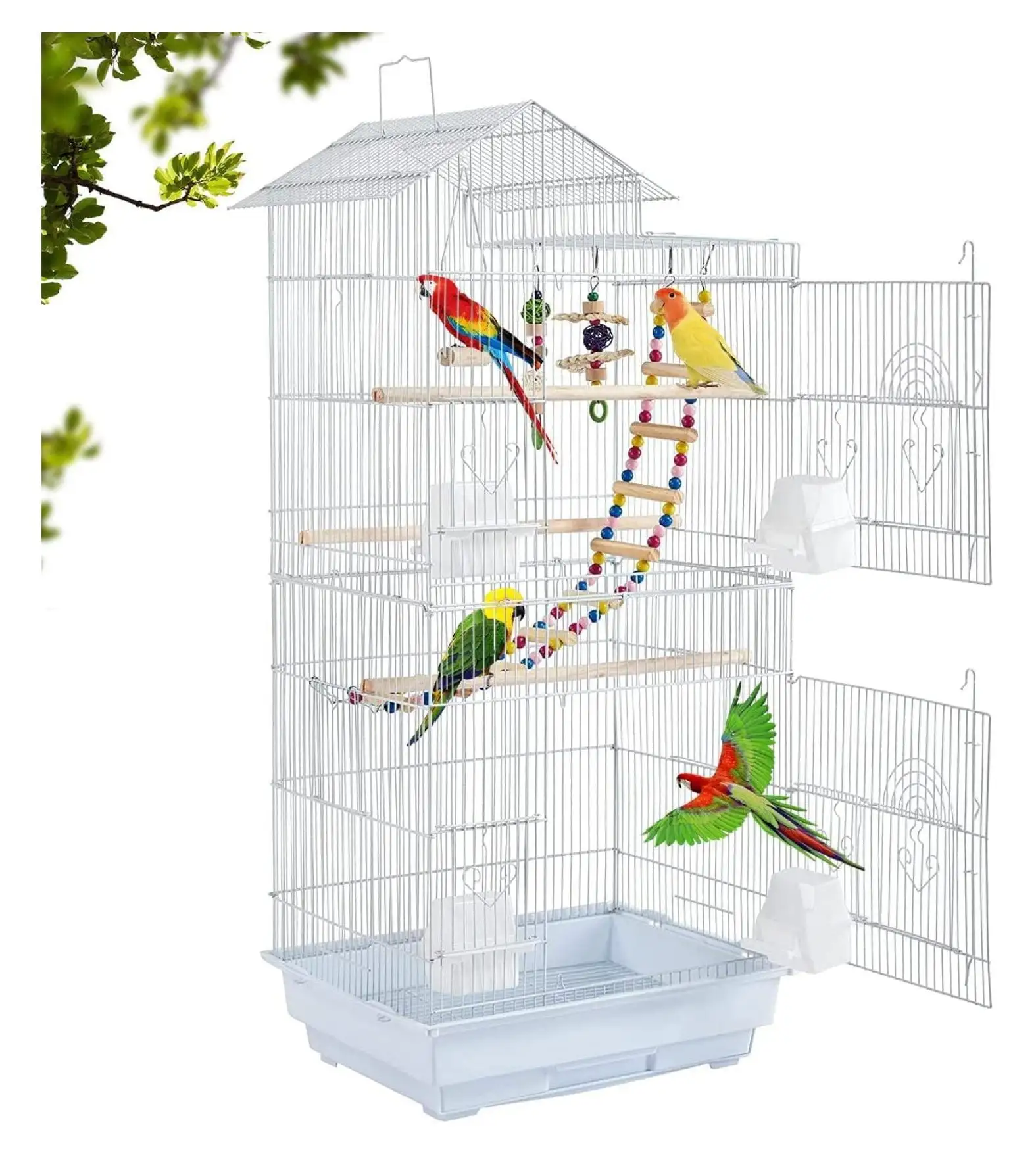 BIN24 39 inch Roof Top Large Flight Parrot Cage Accessories Medium Roof Top Large Flight cage Parakeet cage for Small Cockatiel Canary Parakeet Sun Parakeet Pet Toy (White)