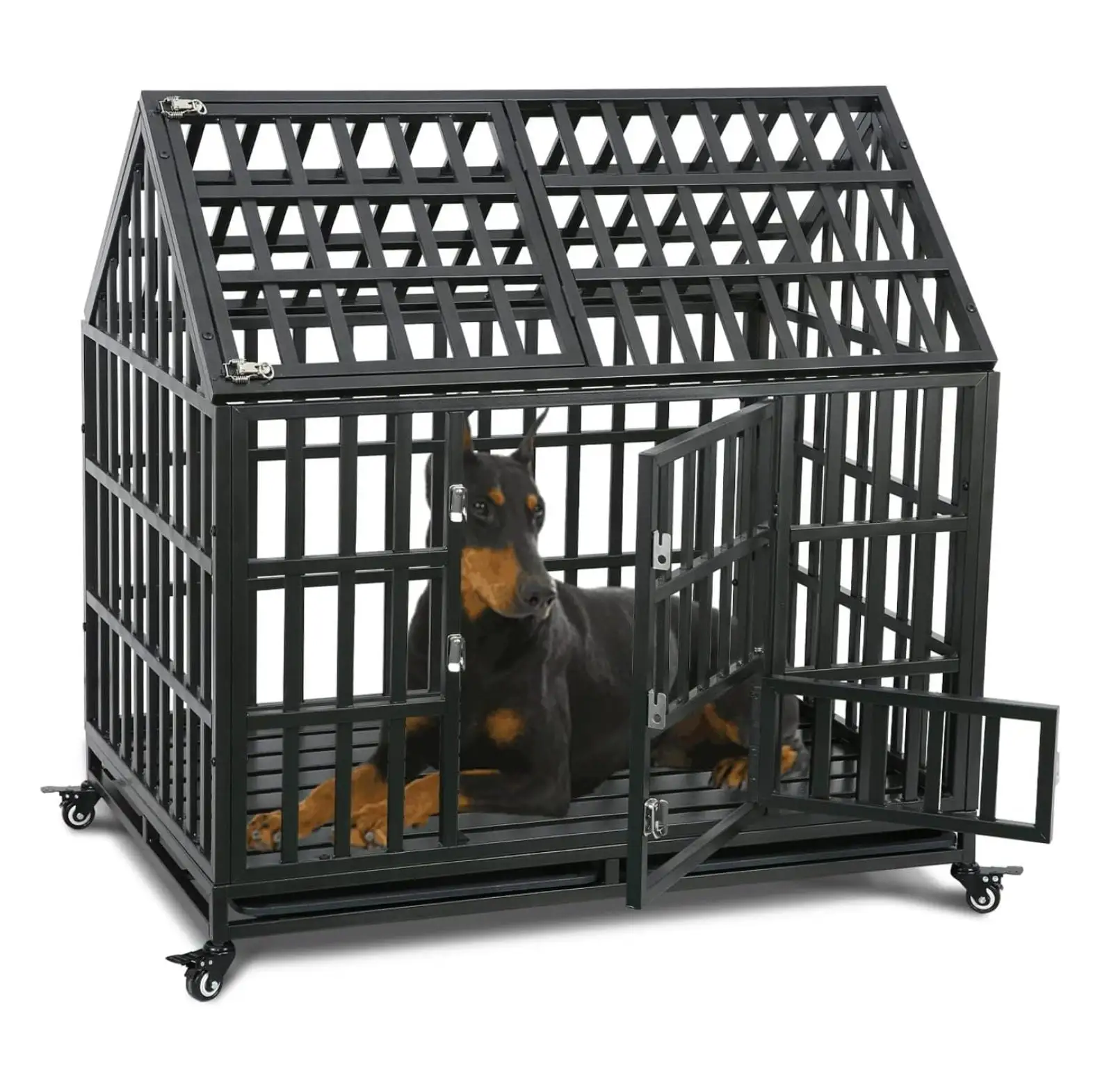 BIN24 43 Heavy Duty Dog Crate Cage Strong Metal Frame Dog Kennel for Middle to Large Size Pets with 4 Lockable Wheels & Removable Tray for Indoor & Outdoor.Black