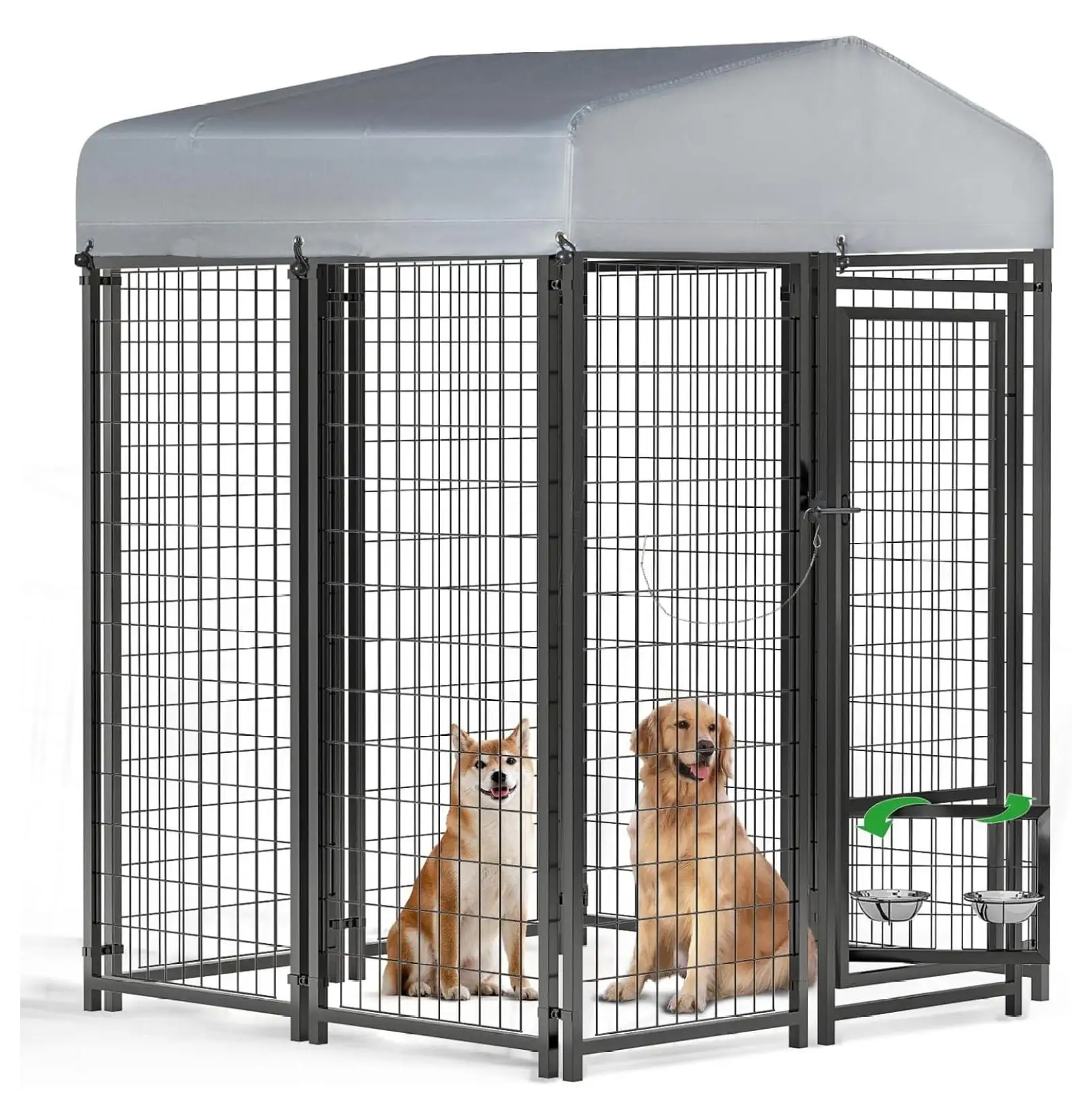 BIN24 4x4x6ft Large Outdoor Dog Kennel with Rotating Dog Bowl.Heavy Duty Welded Wire Dog Run.Dog Playpen Fence with UV-Resistant Waterproof Roof.Dog Enclosure for Outside(4x4x6ft)