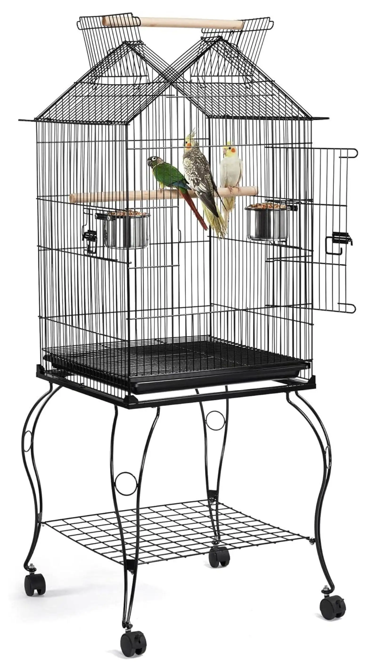 BIN24 57inch Double Roof Top Cage Metal Open Top Green Cheek Parakeet Cage for Medium Small Parrots with Stand