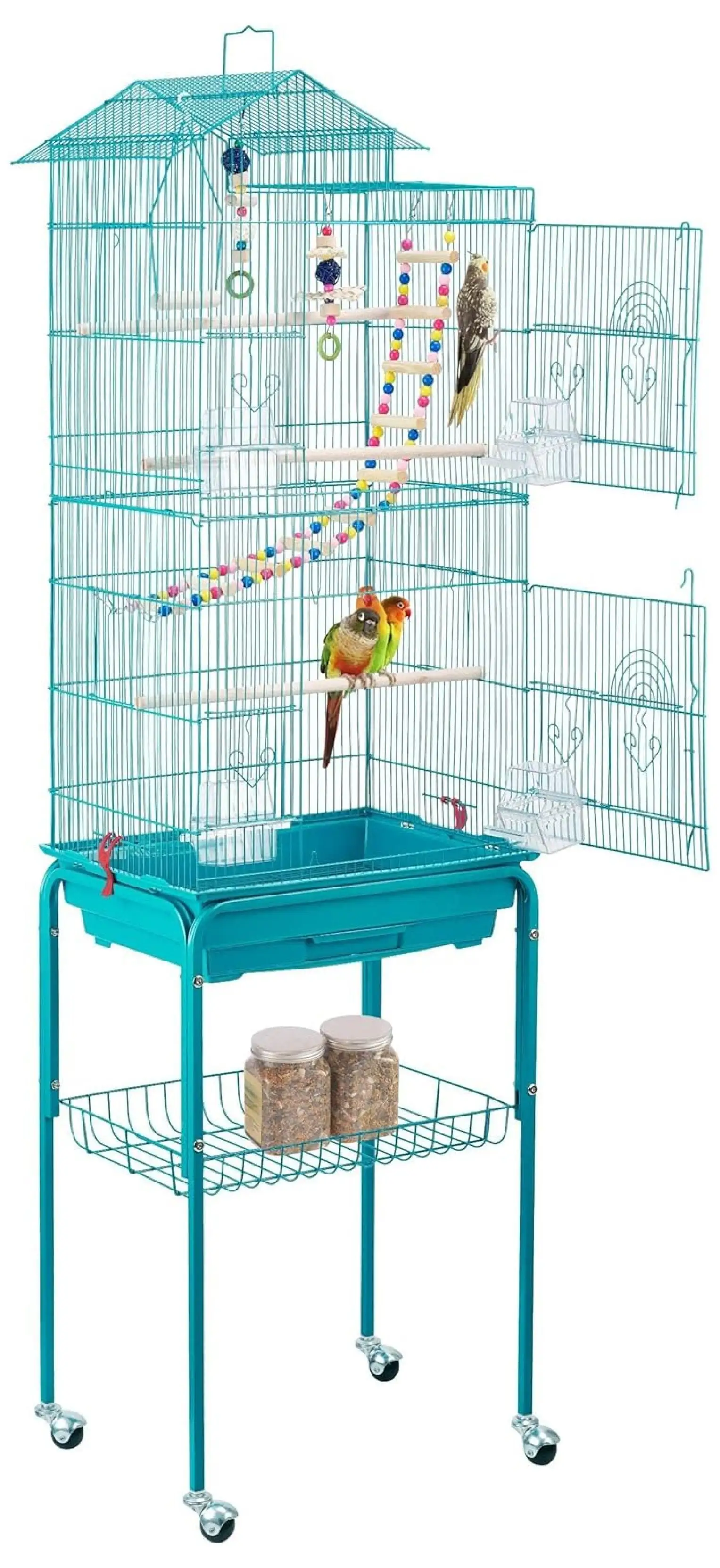 BIN24 62.4'' Iron Roof Top Birdcage Parakeet Cage Parrot Cage with Rolling Stand for Budgies Cockatiels Canary Lovebirds Parrot Small . Teal Blue