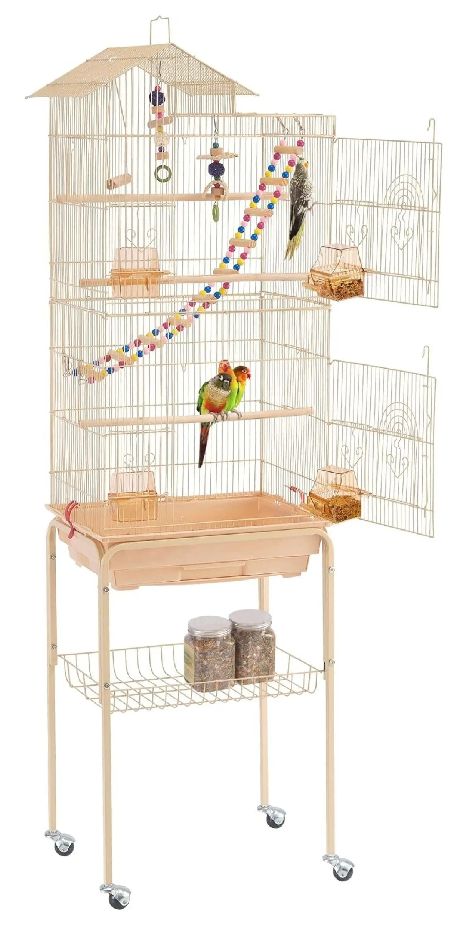 BIN24 62.4'' Roof Top Birdcage Iron Parrot Cage for Small Budgies Cockatiels Parakeets Canary with Rolling Stand. Almond