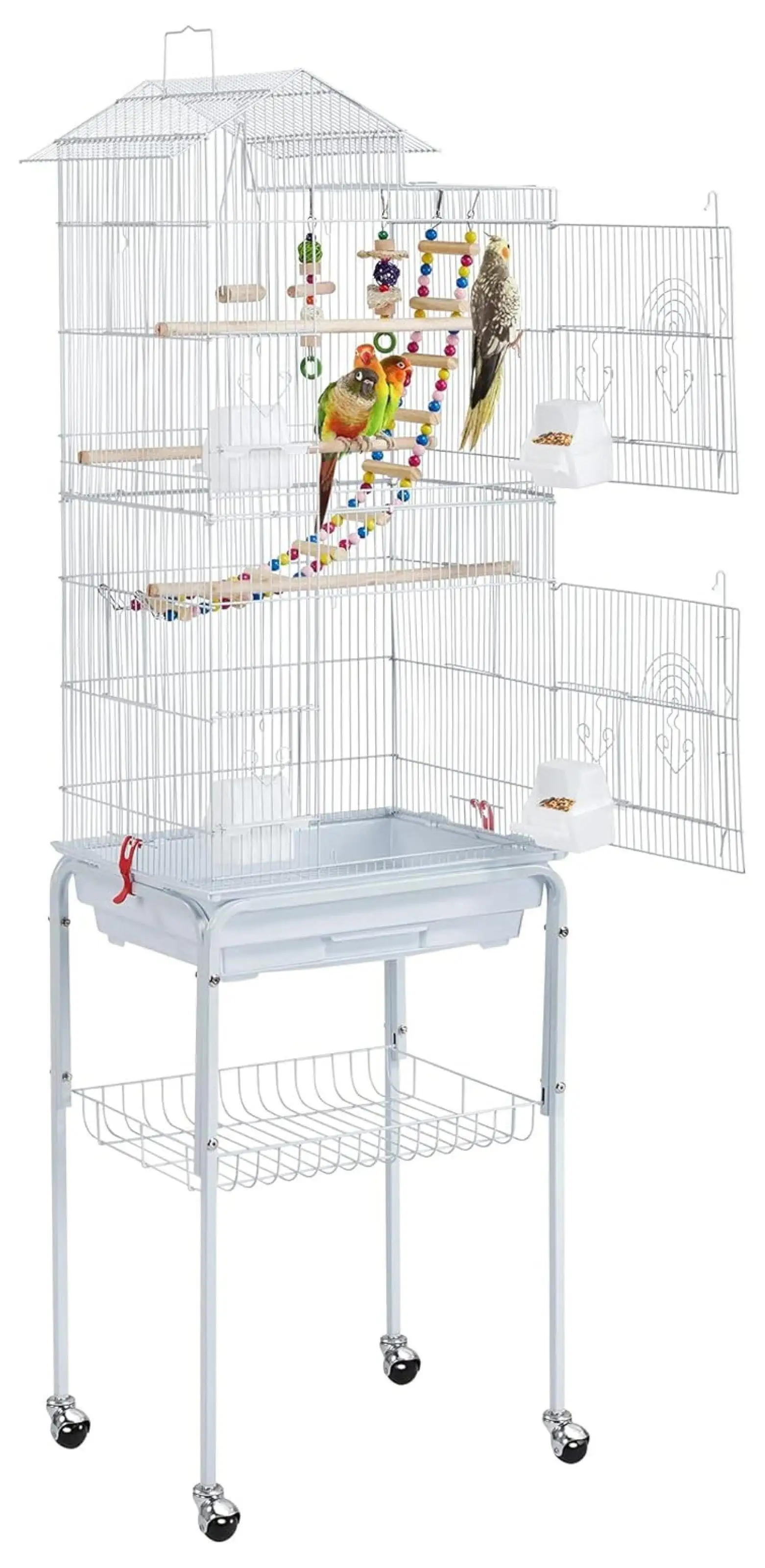 BIN24 62.4inch Height Metal Roof Top Cage Parrot Cage Parakeet Cage with Rolling Stand for Small . White