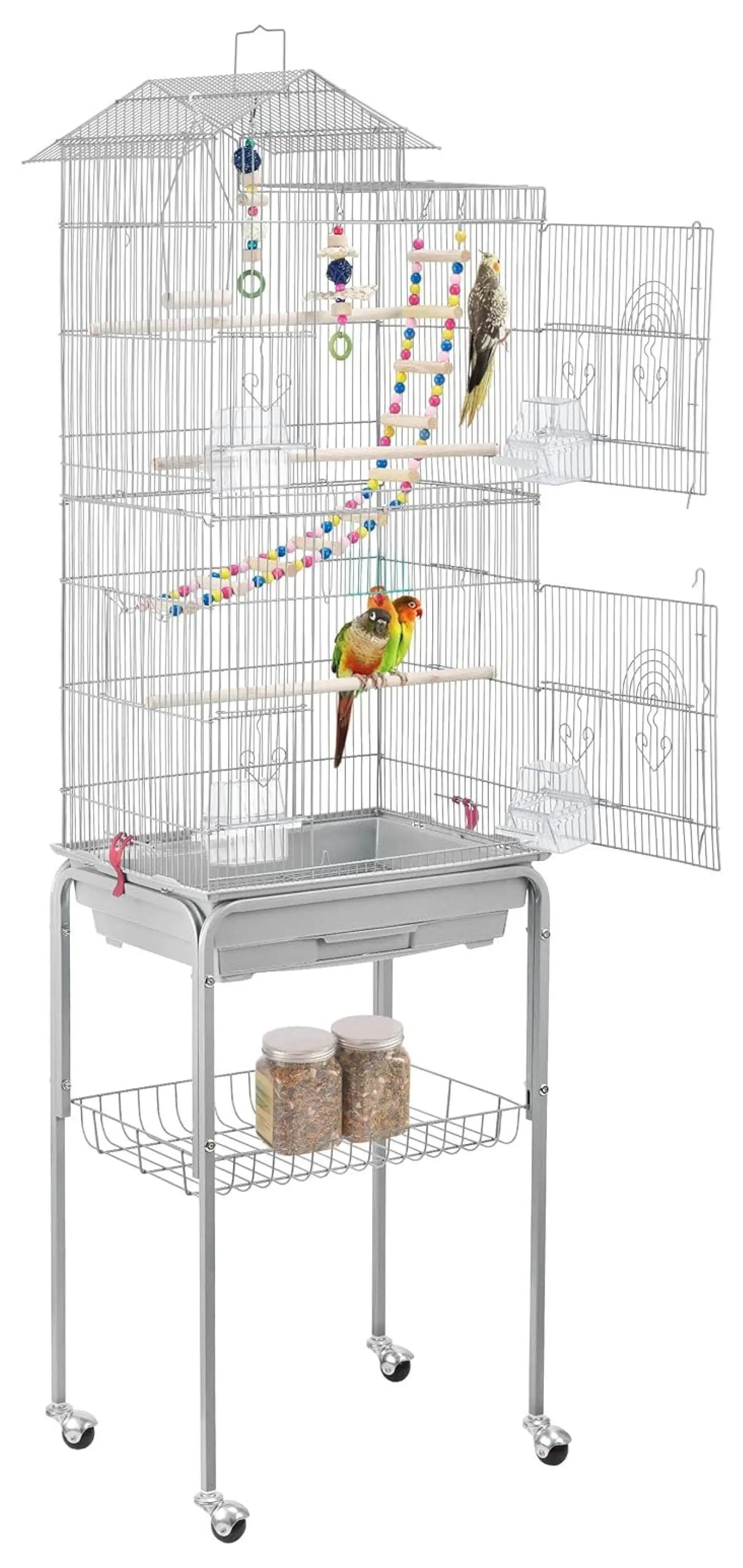 BIN24 62.4inch Metal Roof Top Birdcage Parakeet Cage w/Rolling Stand for Small Budgies Cockatiels Canary Lovebirds. Light Gray