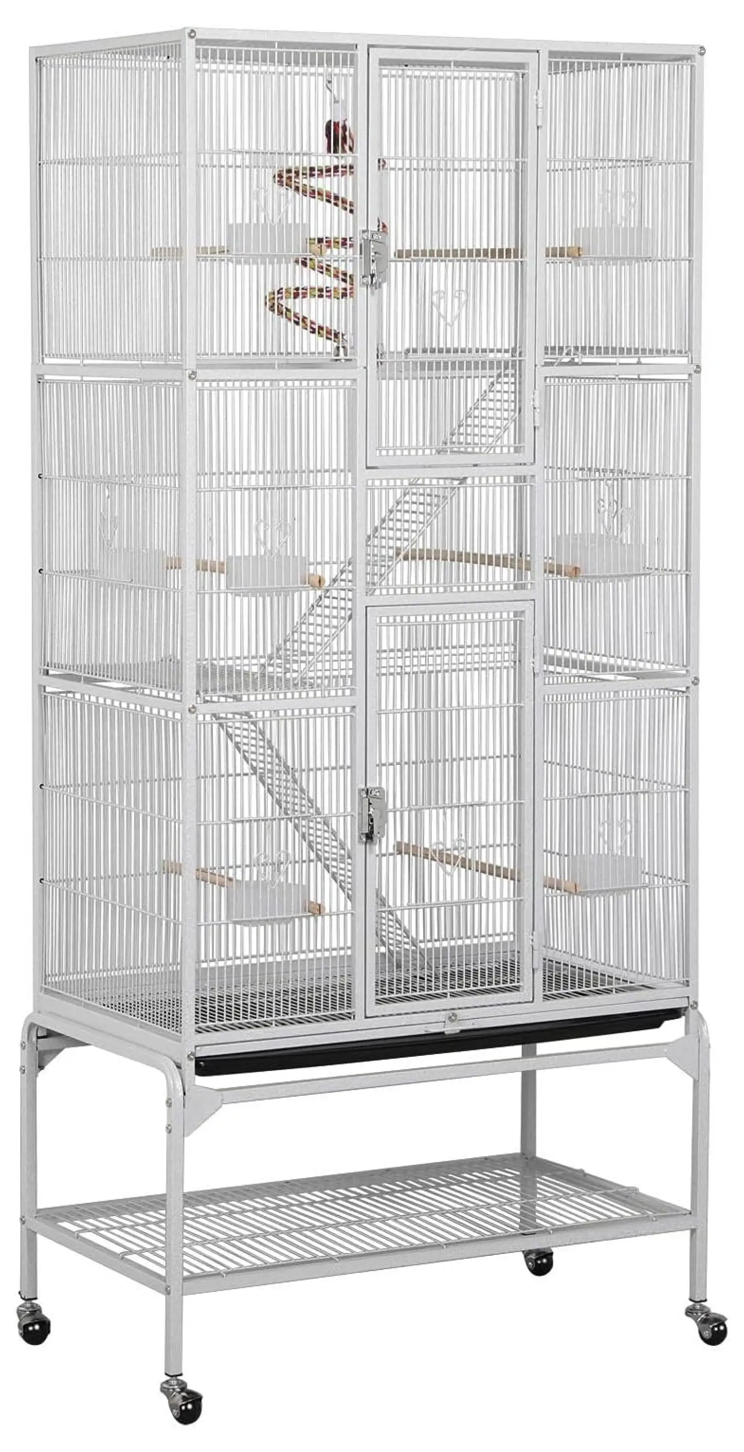 BIN24 Cage with Extra Large Space for Small Like Lovebirds Parakeets Cockatiels ect. Mobile Cage for Conures. Large Rolling Metal Cage with Detachable Stand. White