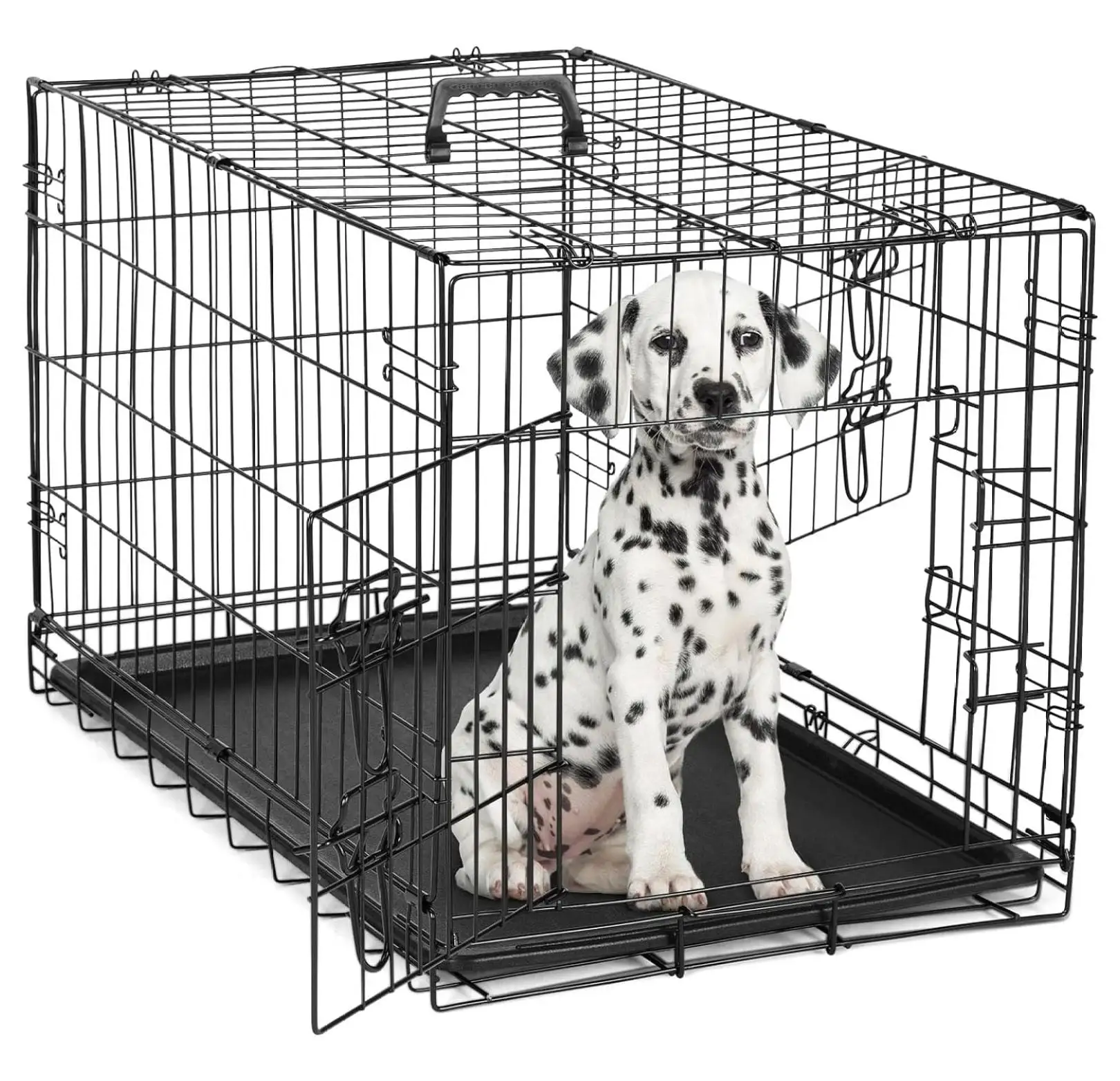 BIN24 Dog Crate. 30 Inch Medium Double Door Dog Cage with Divider Panel and Plastic Leak-Proof Pan Tray. Folding Metal Wire Pet Kennel for Indoor. Outdoor. Travel