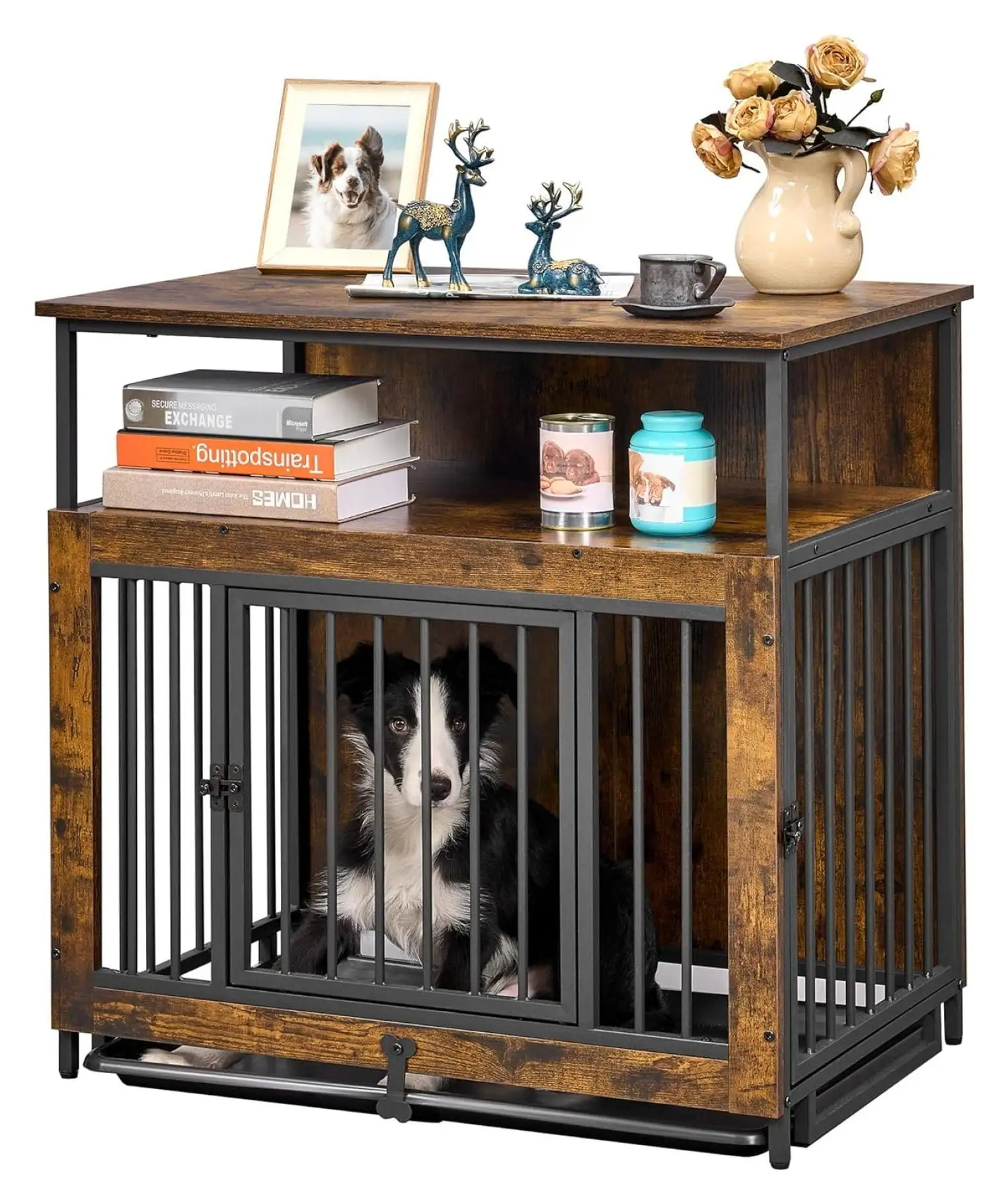 BIN24 Dog Crate Furniture Dog Kennel Indoor Wooden Dog Crate. Double Doors Large Dog Cage with Anti Slip Pull Out Tray. Rustic Brown MGL02Z