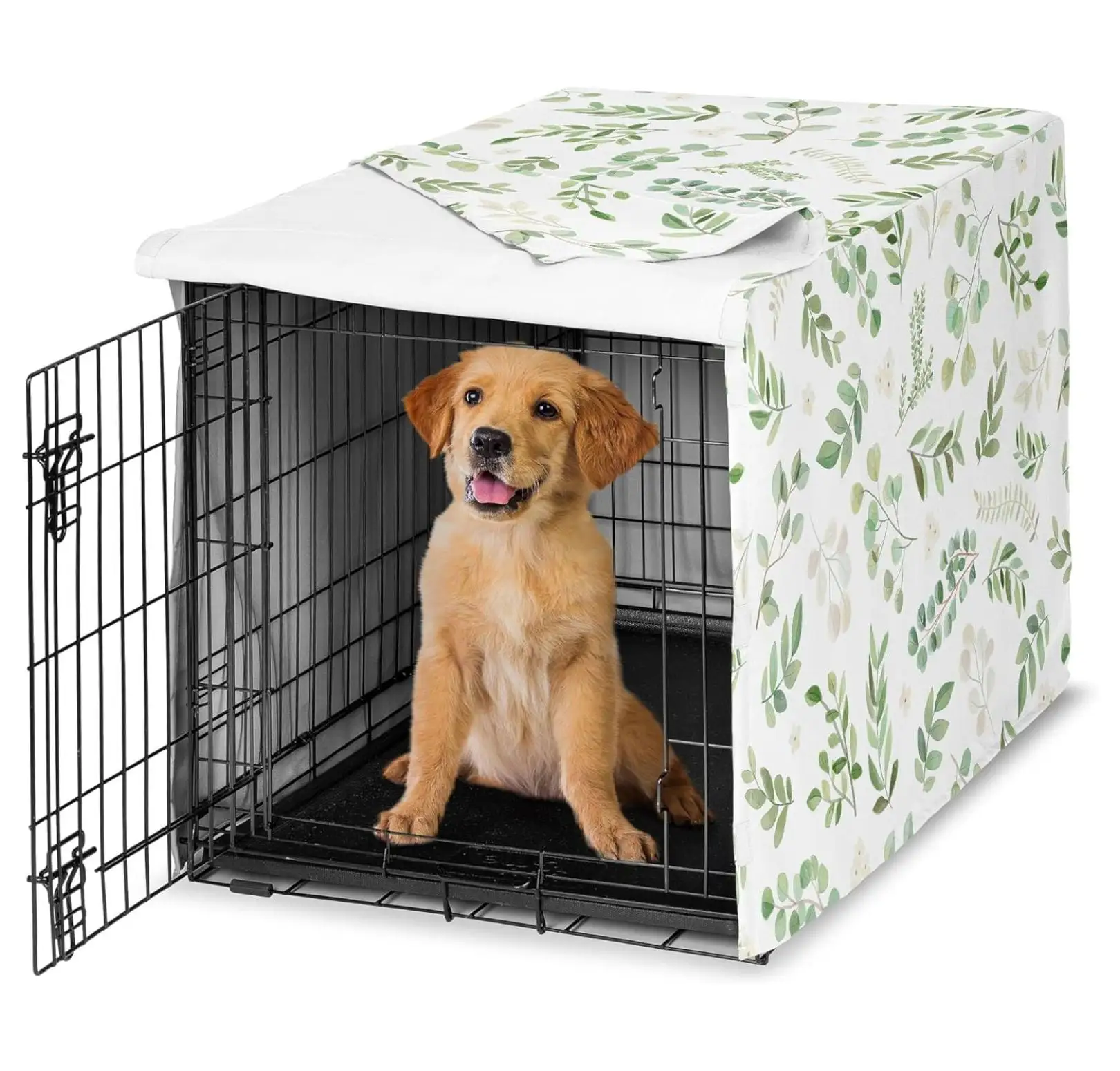 BIN24 Green Boho Floral Leaf Dog Crate Cover ?C Kennel Covers for 36 Inch Pet Cage Medium - Neutral Sage White Bohemian Watercolor Botanical Flower Woodland Tropical Garden Nature