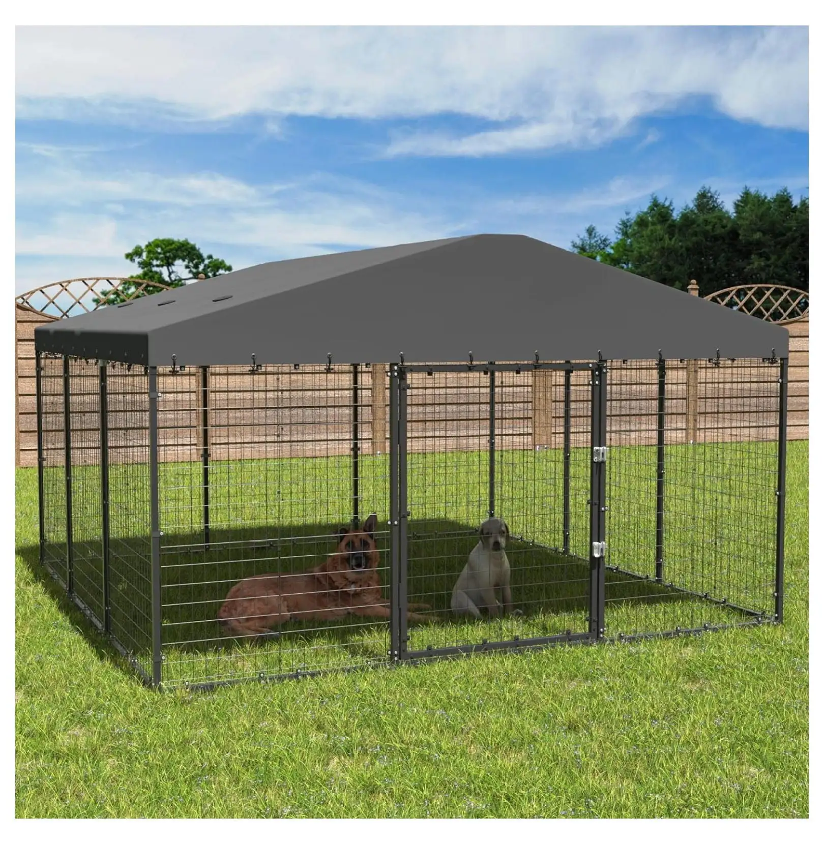 BIN24 Large Dog Kennel Outdoor with Waterproof Roof Cover. Dog Cage Heavy Duty Dog Enclosures w/Upgraded Metal Mesh and Door Locks