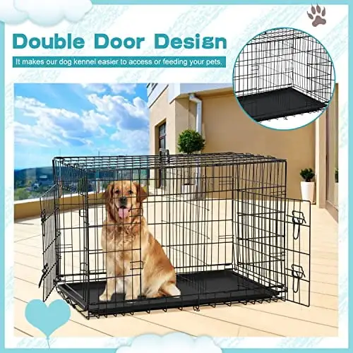 BLKMTY Foldable Dog Crate Wire Metal Dog Cage Large 48 Dog Kennel w/Divider Panel Double-Door Animal Segregation Cage Pet Crate w/Tray Dog Crates Indoor Outdoor Travel Camping Pet Playpen