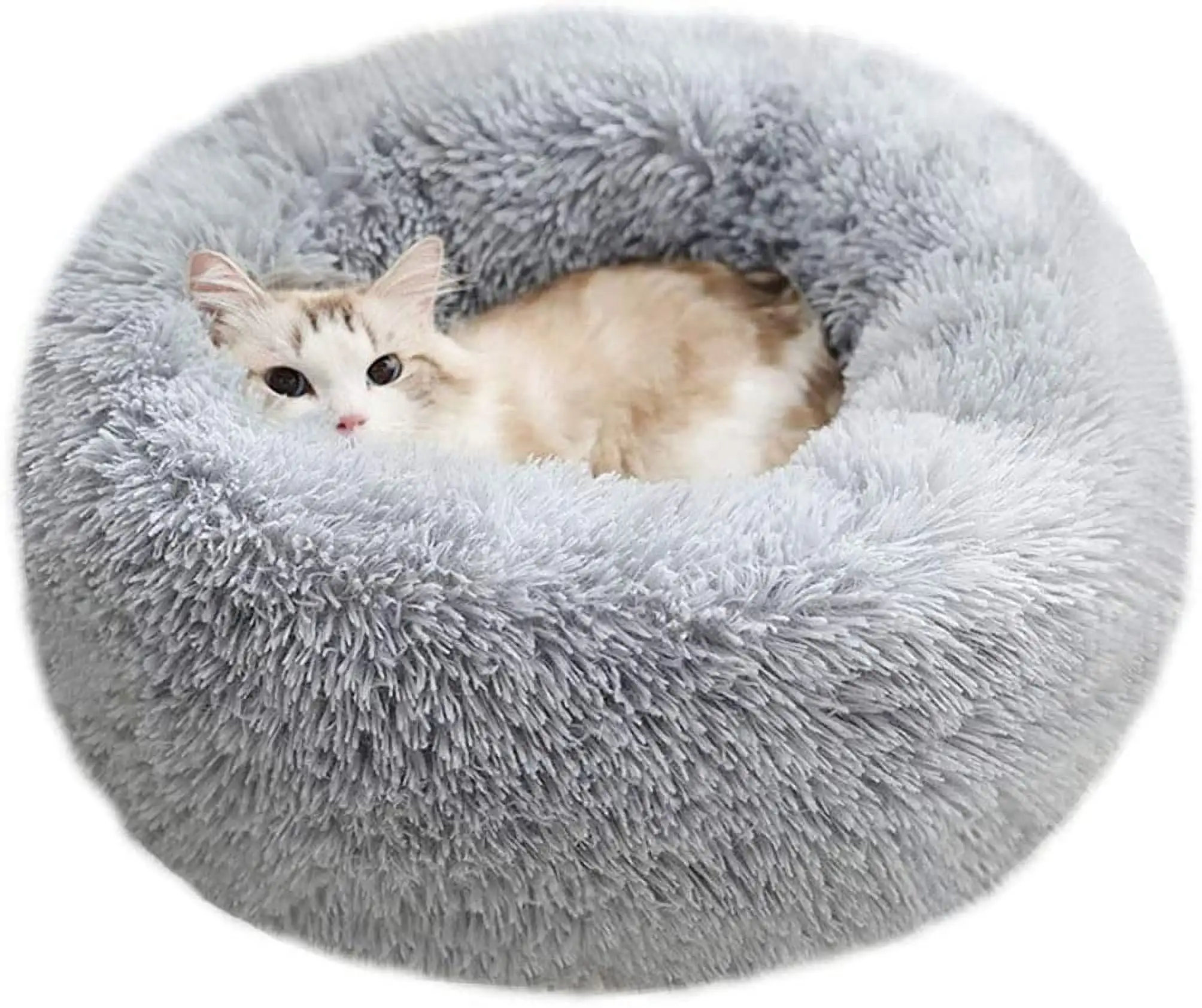 BODISEINT Modern Soft Plush Round Pet Bed for Cats or Small Dogs. Mini Medium Sized Dog Cat Bed Self Warming Autumn Winter Indoor Snooze Sleeping Cozy Kitty Teddy Kennel (M(23.6Dx7.9 H). Light Grey)