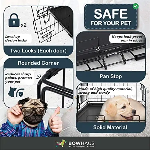 BOWHAUS Foldable Dog Crate Wire Metal Dog Kennel w/Divider Panel. Leak-Proof Pan & Protecting Feet. Single & Double Door. Small. Medium & Large Dog Crate Indoor Wire Dog Cages. 48 w/Double Doors