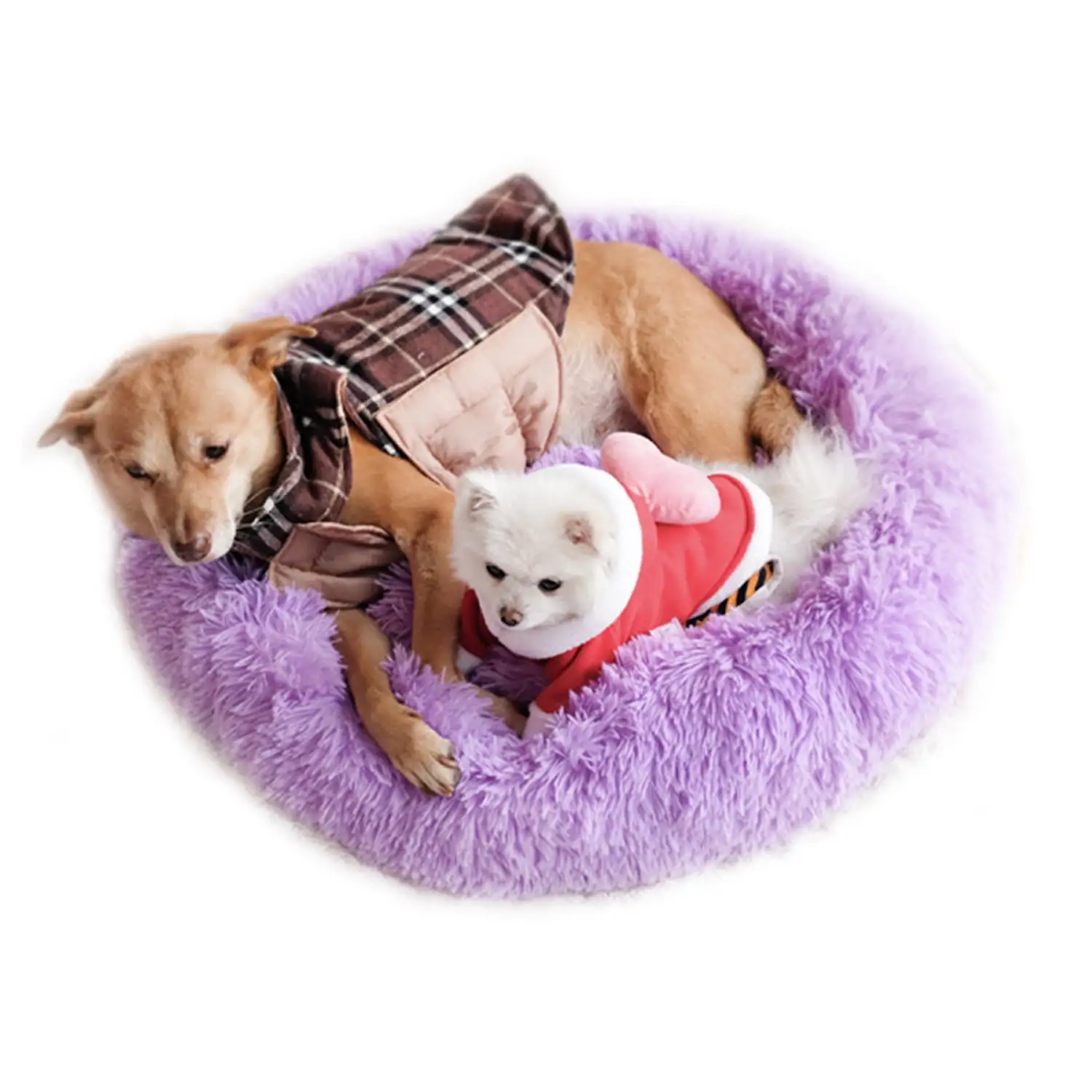 BT Bear Calming Dog & Cat Bed. Anti-Anxiety Warming Cozy Soft Round Bed. Fluffy Faux Fur Plush Cushion bed for Cats Small Medium Dogs Purple XS