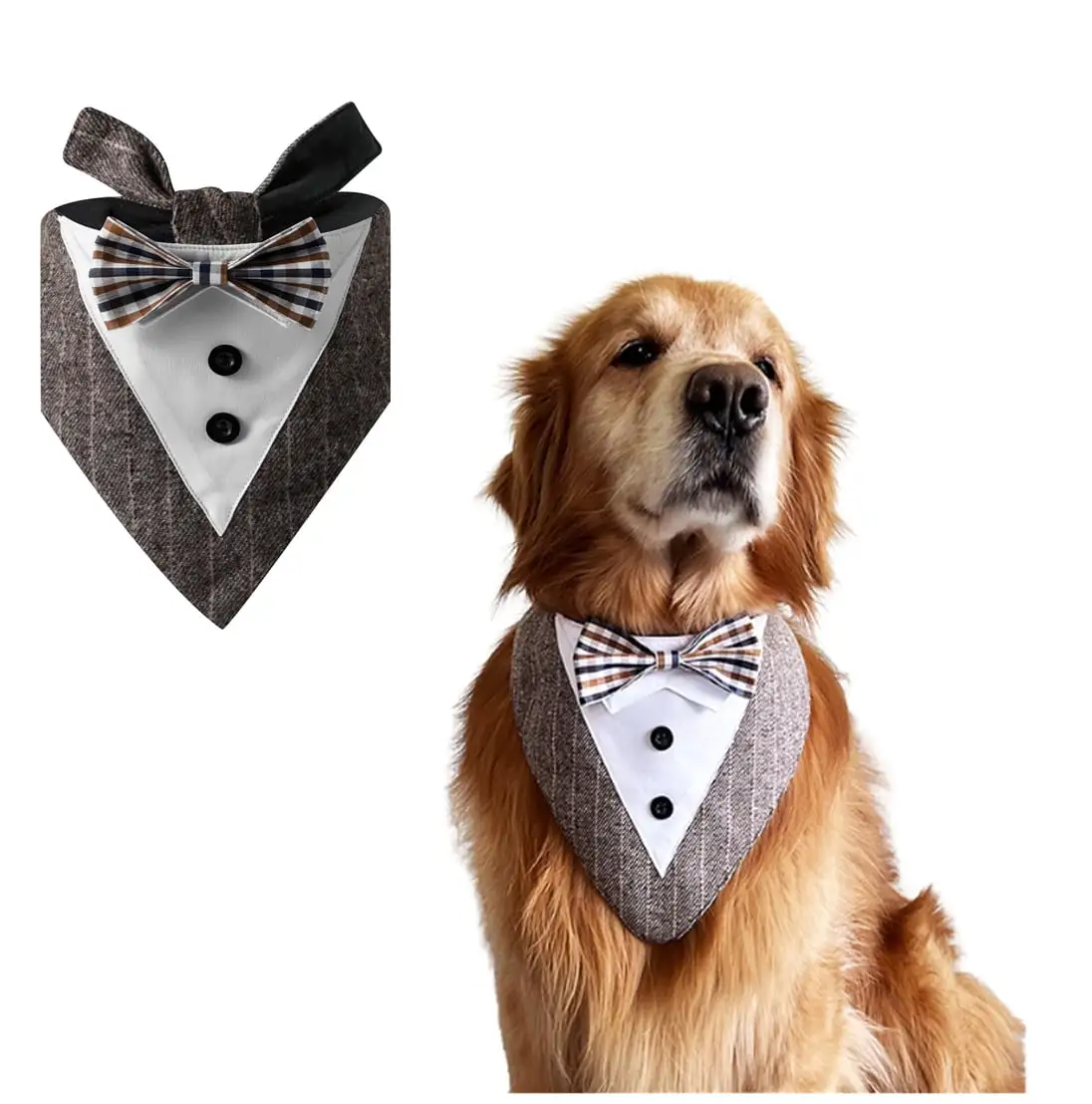 BT Bear Dog Tuxedo. Dog Wedding Bandana Collar with Bow Tie. Adjustable Dog Tux Formal Dog Costumes for Small Medium Large Dogs Brown