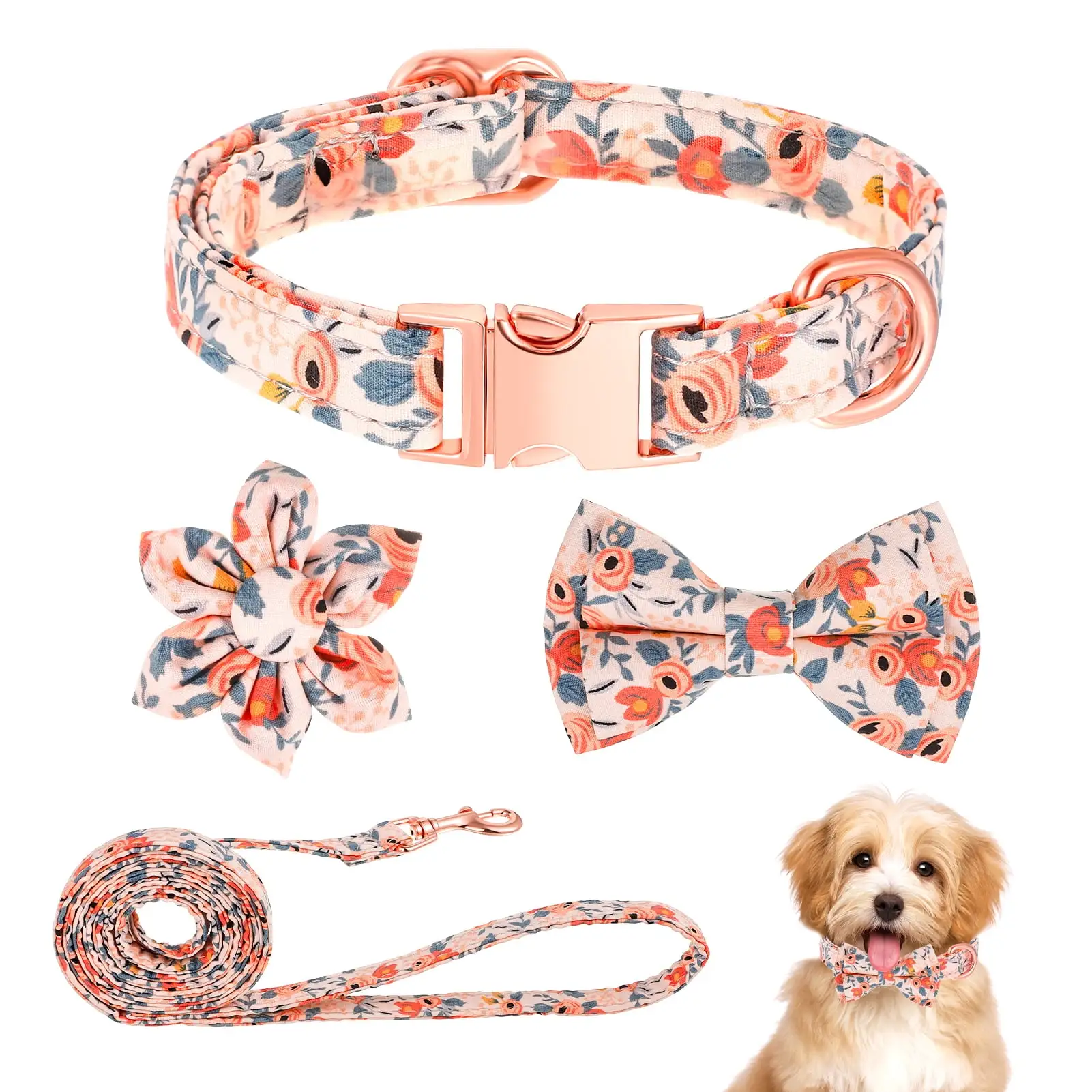 BUBABOX 4Pcs 10*16.5in Girl Puppy Collar Leash Set.Floral Leash.Bow Tie.Adjustable Metal Buckle.Flower Collar for Wedding Holiday Birthday Party(Orange-S)