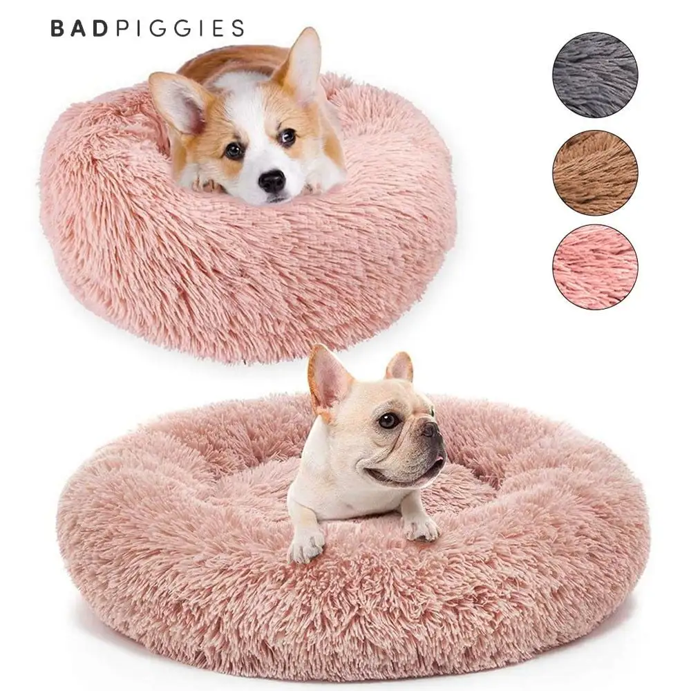 BadPiggies Pet Dog Cat Bed Kennels Warm Sleeping Cushion Plush Donut Faux Fur Round Nest (Pink. 32*32inches)