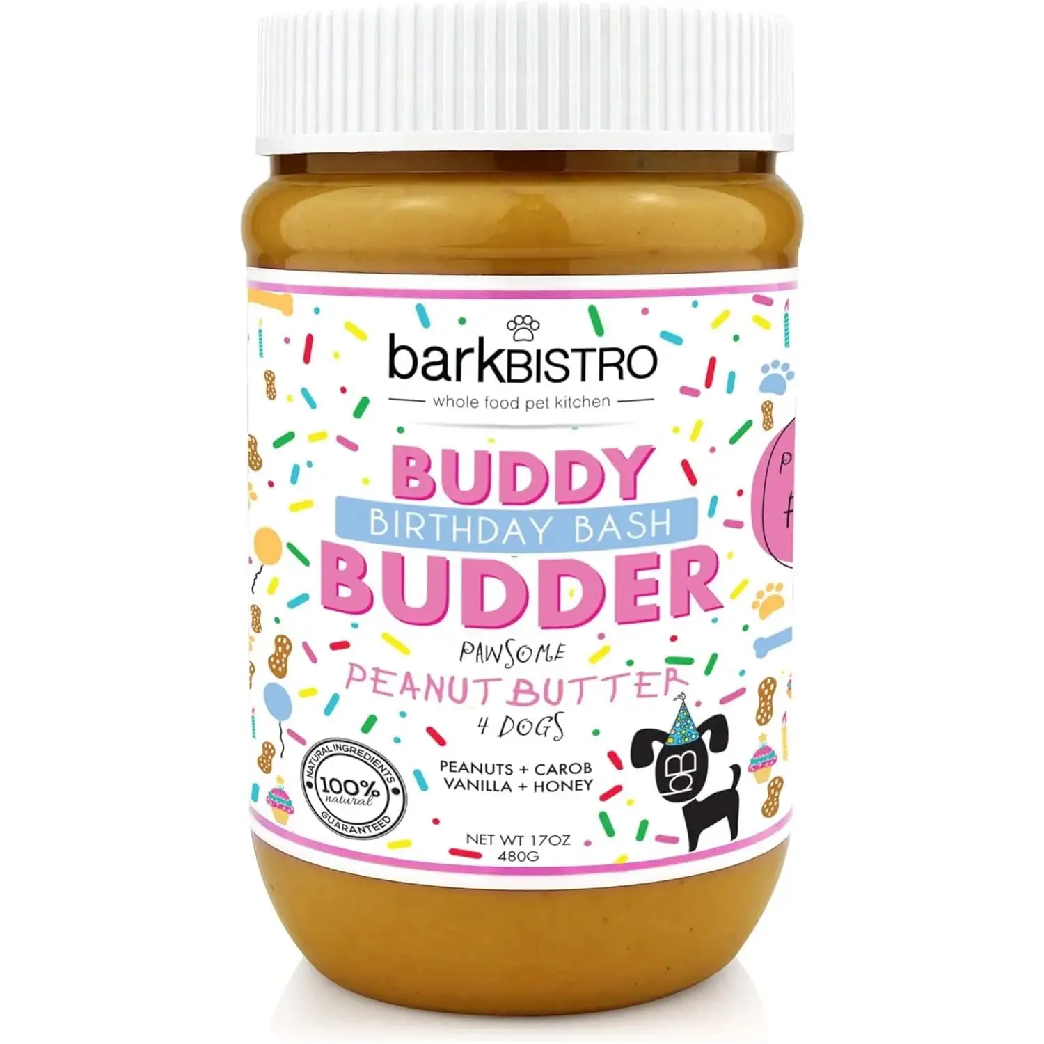 Bark Bistro Birthday Bash Buddy Budder 100% Natural Dog Peanut Butter 17oz jar