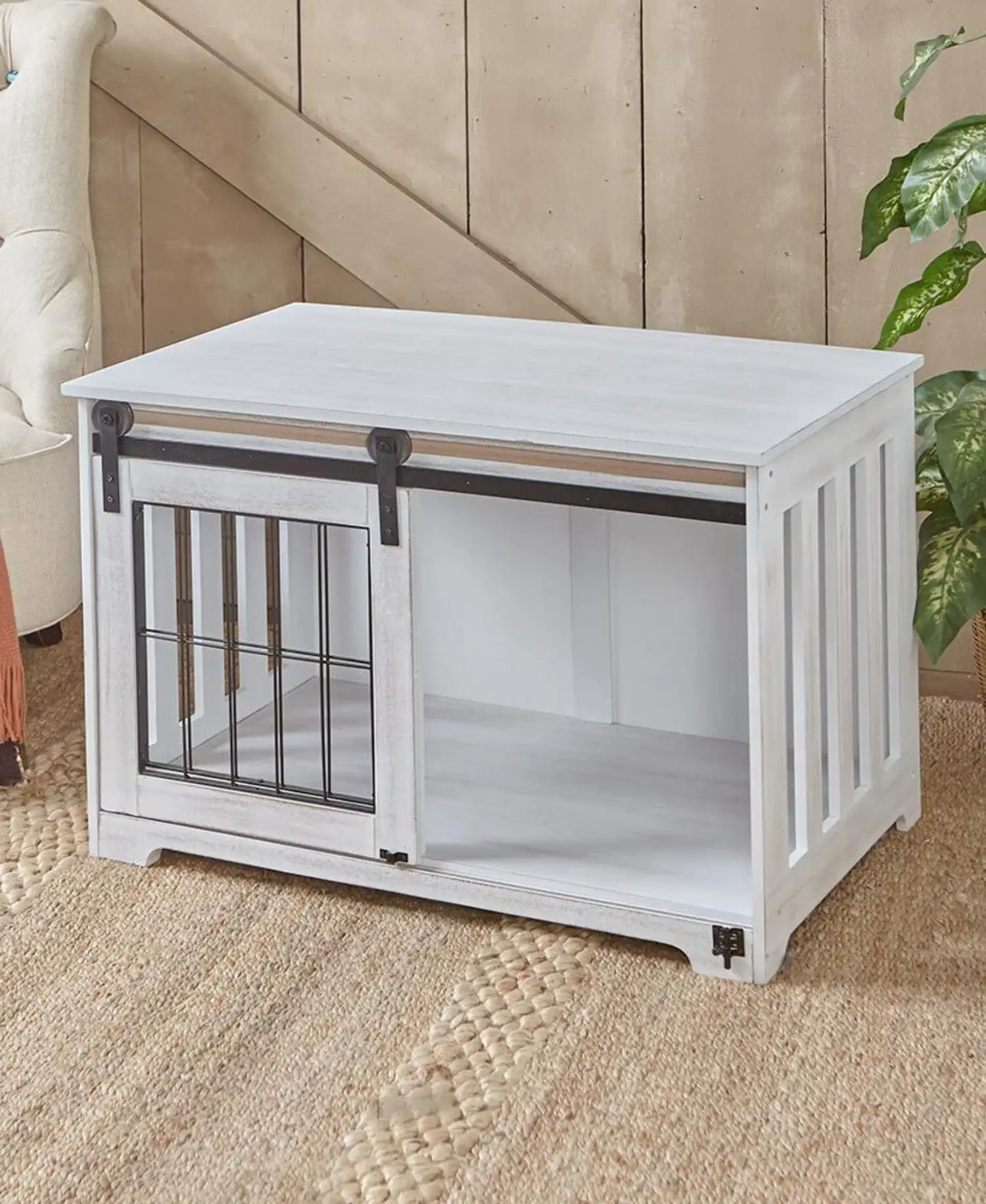 Barn Door Pet Crate - End Table with Sliding Door for Dogs. Cats (White)