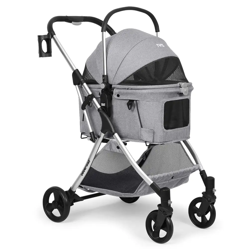 Beberoad Pets Pet Stroller for Small Dogs & Cats. with Removable Basket & Foldable Cart Frame. Inner Space Size 22.8 x 13.4 x 23.6. Grey