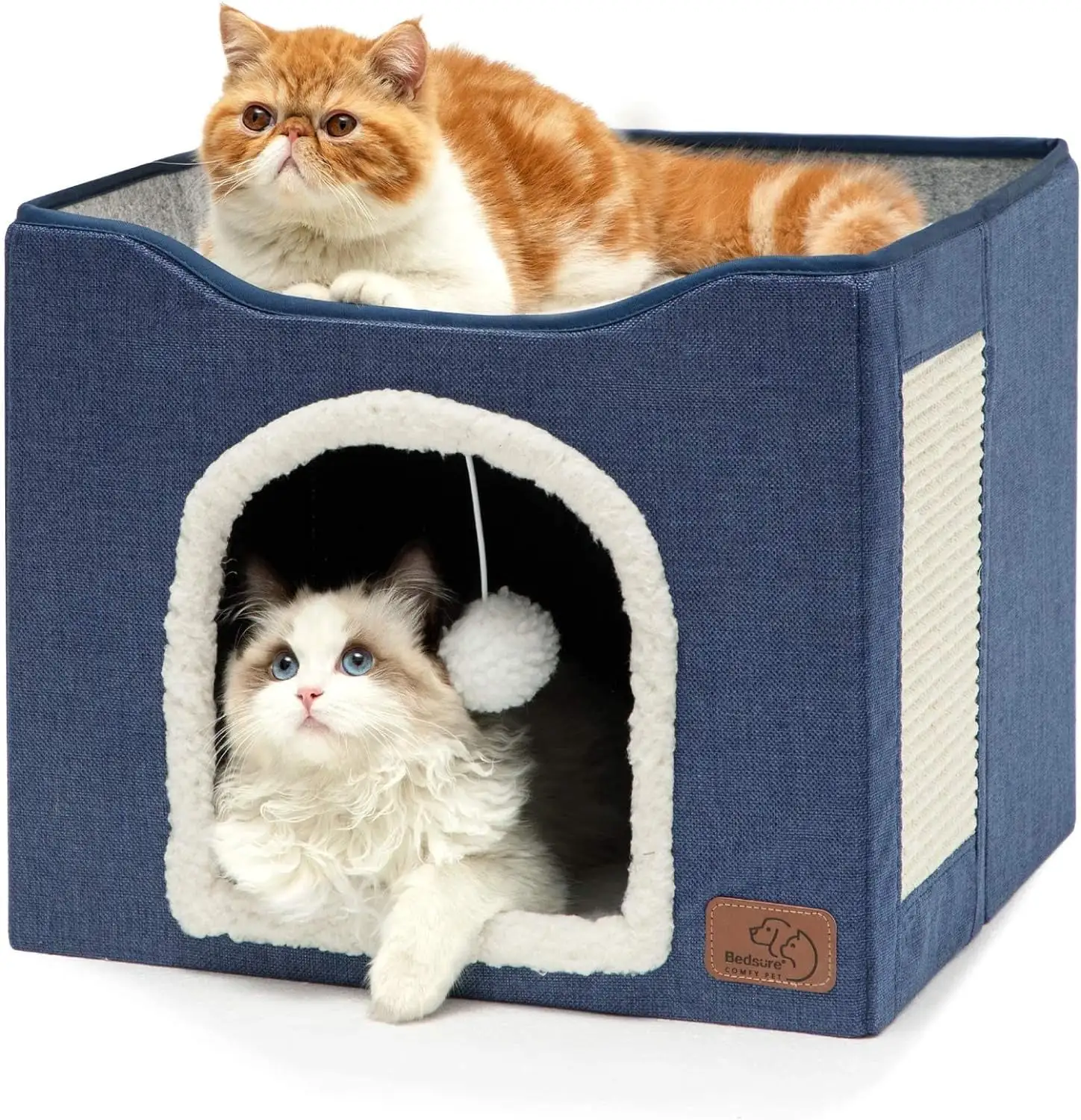 Bedsure Cat Beds for Indoor Cats - Large with Fluffy Ball Hanging and Scratch Pad. Foldable.16.5x16.5x13 inches. Blue