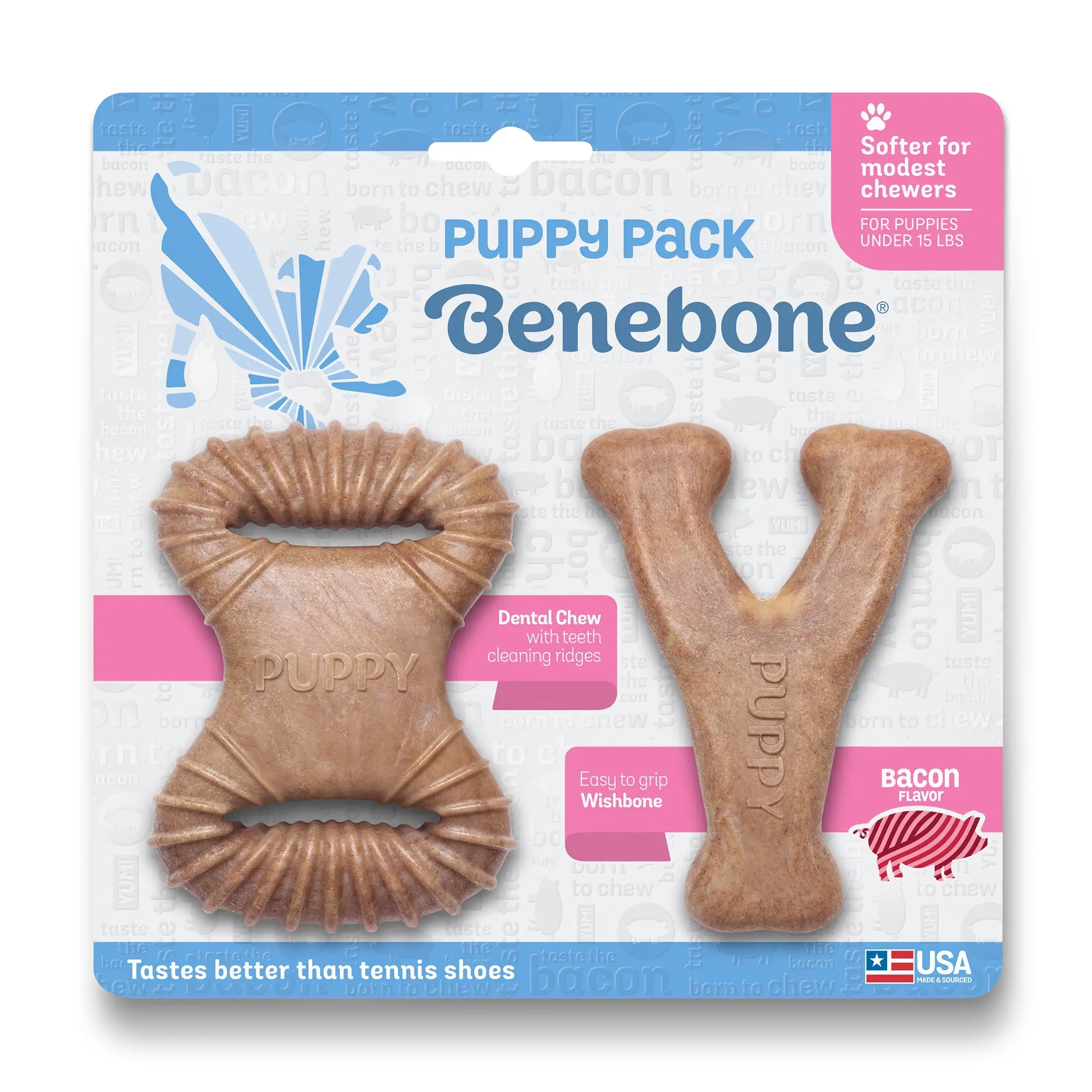 Benebone Puppy Dog Chew Toy 2-Pack Dental Chew/Wishbone Bacon Tiny