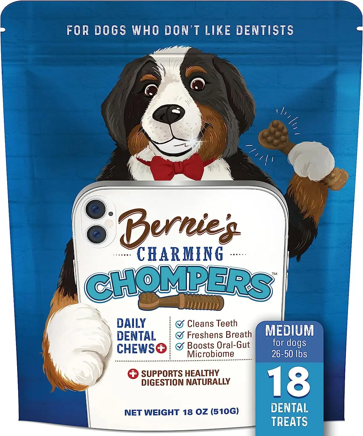 Bernie's Charming Chompers - Daily Dental Chews for Dogs 26-50 Lbs. - 18 Count - Cleans Teeth. Freshens Breath. + Boosts Oral-Gut Microbiome. Easy to Digest. Supports Healthy Digestion Naturally