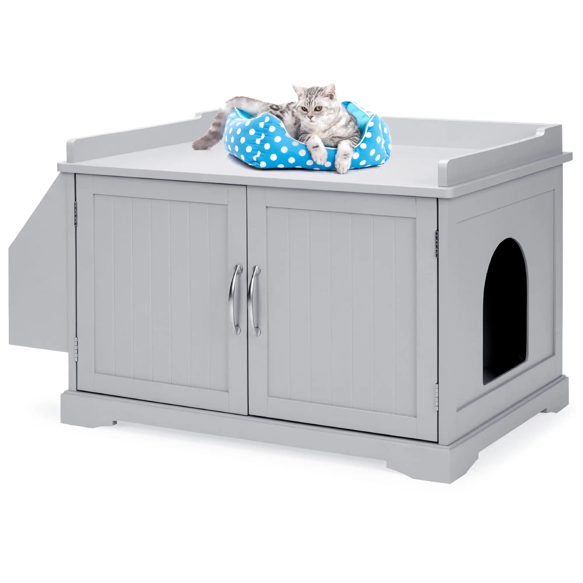 Best Choice Products Large Wooden Cat Litter Box Enclosure. Storage Cabinet Bench Table w/ Magazine Rack - Gray