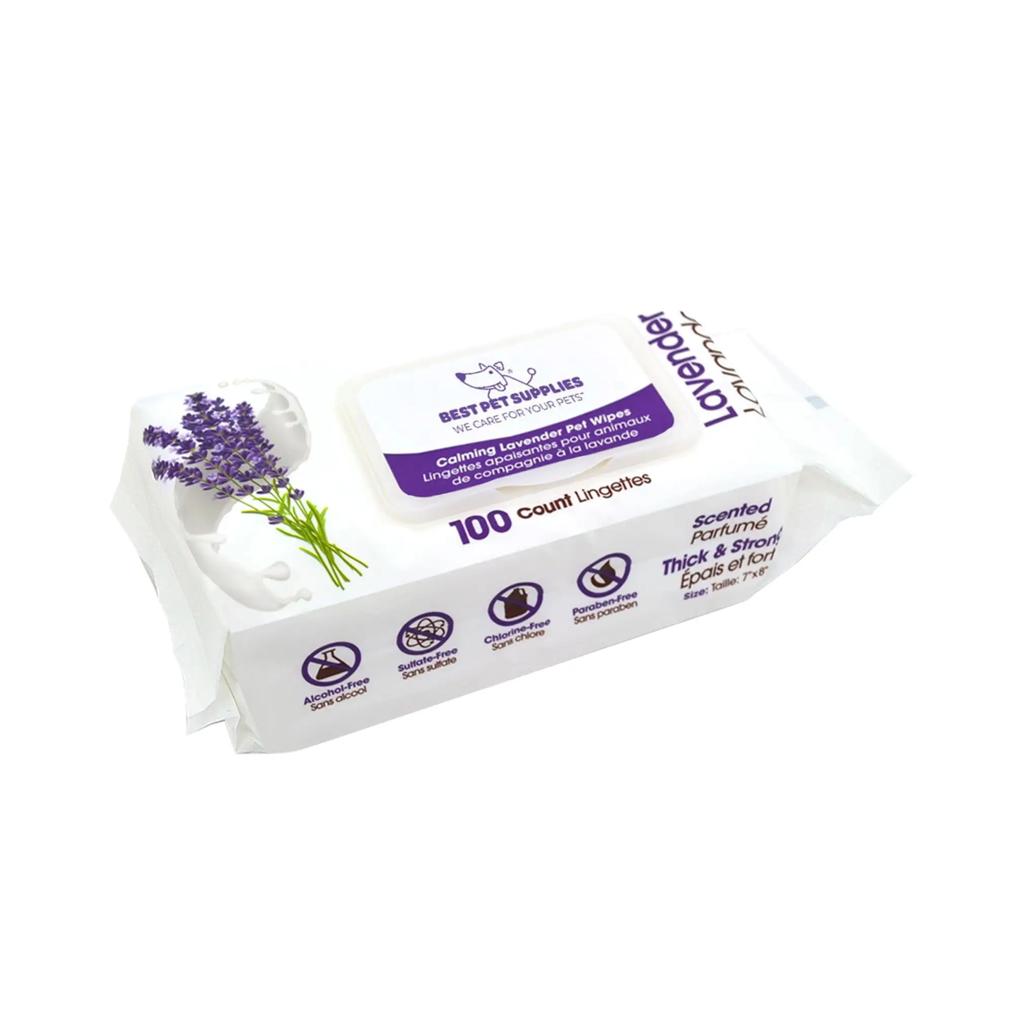 Best Pet Supplies 8 x 9 Pet Grooming Wipes for Dogs & Cats. 100 Pack. Plant-Based Deodorizer for Coats & Dry. Itchy. or Sensitive Skin. Clean Ears. Paws. & Butt - Calming Lavender