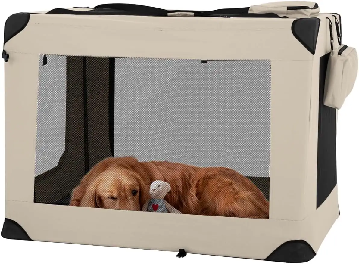 BestPet 42 inch Collapsible Dog Crate for Large Dogs. 3-Door Portable Folding Soft Dog Crate Dog Kennel Lightweight Foldable Travel Dog Crate with Mesh Windows for Indoor Outdoor Travel.Beige