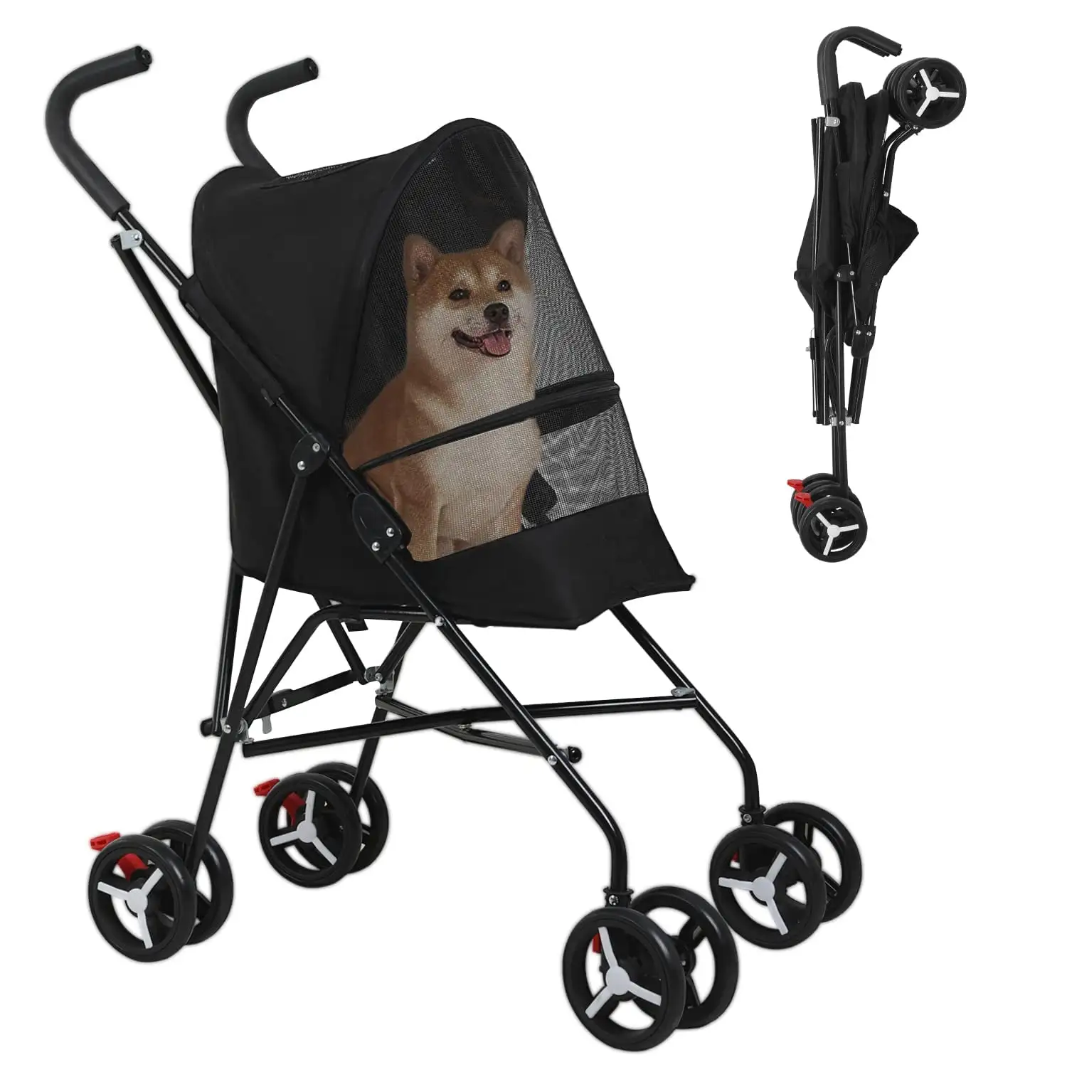 BestPet Pet Stroller Dog Cat Stroller with Handlebars Canopy Breathable Mesh & Leash Seat Belt Foldable Puppy Stroller for Travelling Shopping Walking Playing for Small Medium Dogs Cats.Black