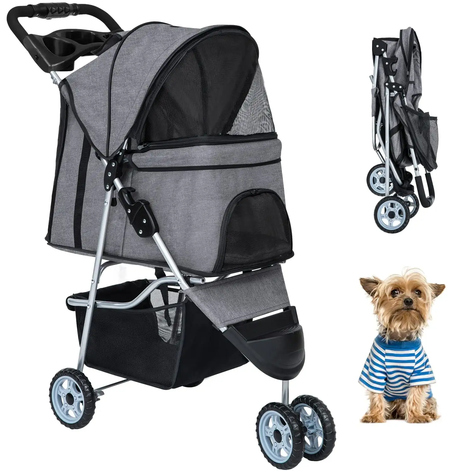 BestPet Pet Stroller Dog Cat Jogger Stroller Folding with Cup Holder (Grey. 3 Wheels)