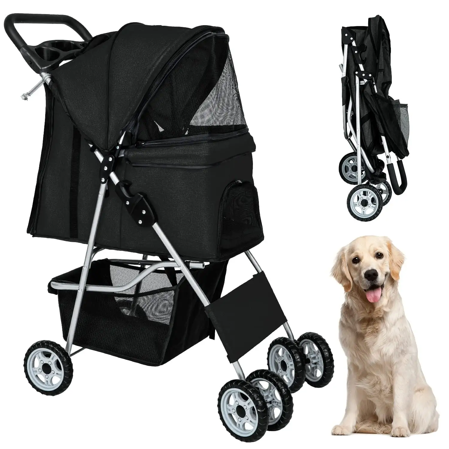 BestPet Pet Stroller Dog Cat Stroller Folding Lightweight Travel Stroller with Cup Holder (Black. 4 Wheels)