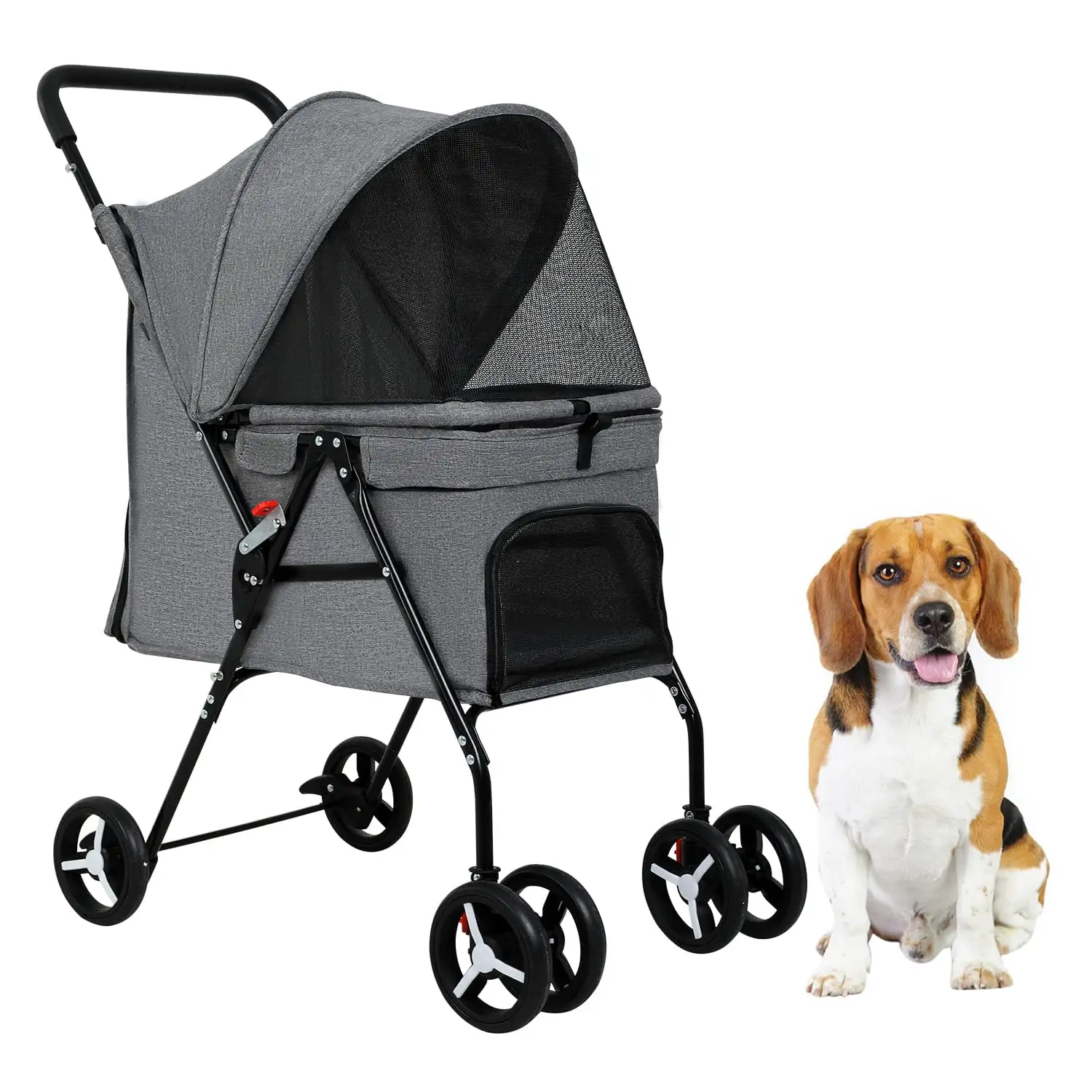 BestPet Pet Stroller Folding Dog Stroller 4 Wheels Cat Stroller with Large Door Curtain Ventilate Mesh Foldable Puppy Stroller for Travelling Shopping Walking Playing for Small Medium Dogs Cats. Grey