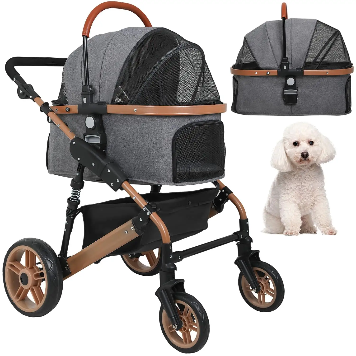 BestPet Pet Stroller Premium 3-in-1 Multifunction 4 Wheels Dog Cat Stroller for Large Medium Dogs Cats Aluminium Frame Folding Lightweight Travel Stroller with Detachable Carrier.66lbs Capacity. Grey