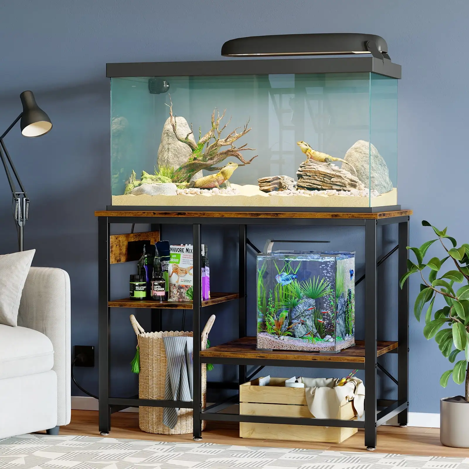 Bestier 40-50 Gallon Fish Tank Stand with Power Outlets. 3-Tier Heavy Duty Metal Aquarium Stand Reversible Storage Shelf