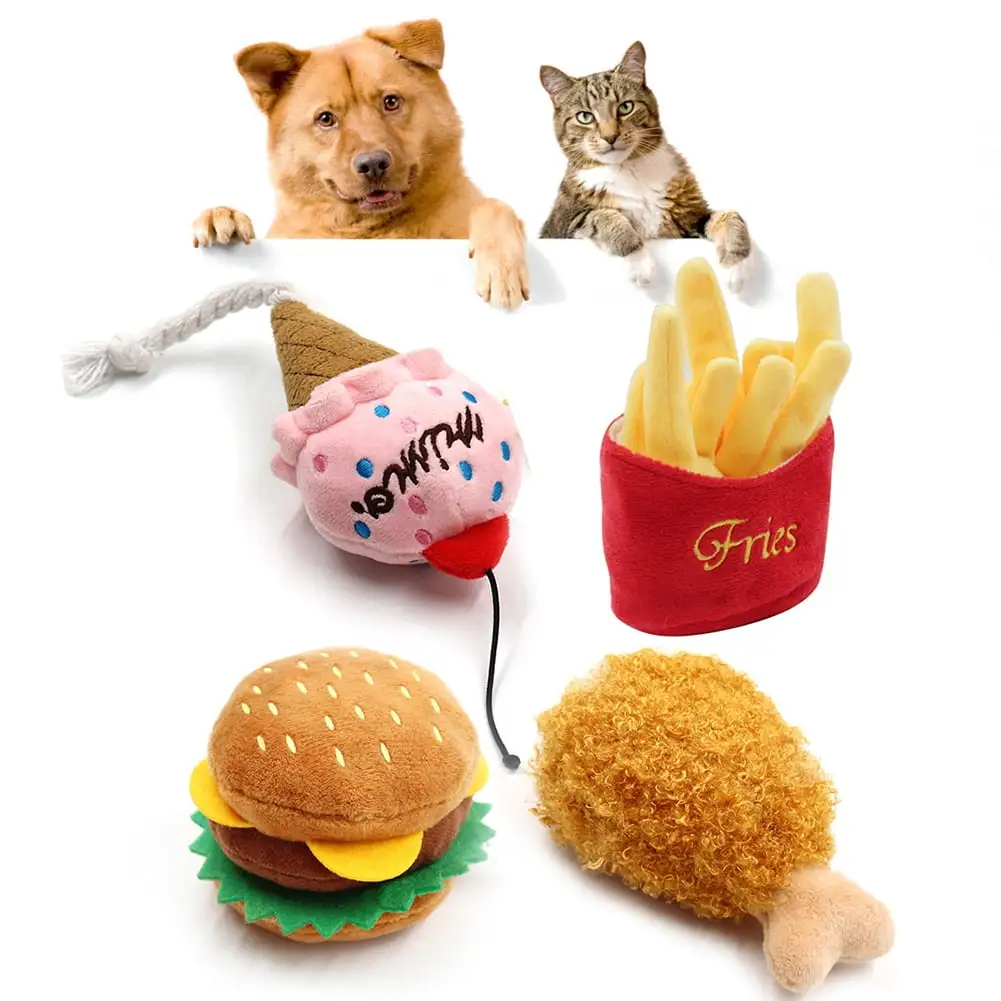 Besufy Pet Dog Toy Puppy Plush Fries Hamburger Ice Cream Teeth Chewing Squeaky Sound Toys