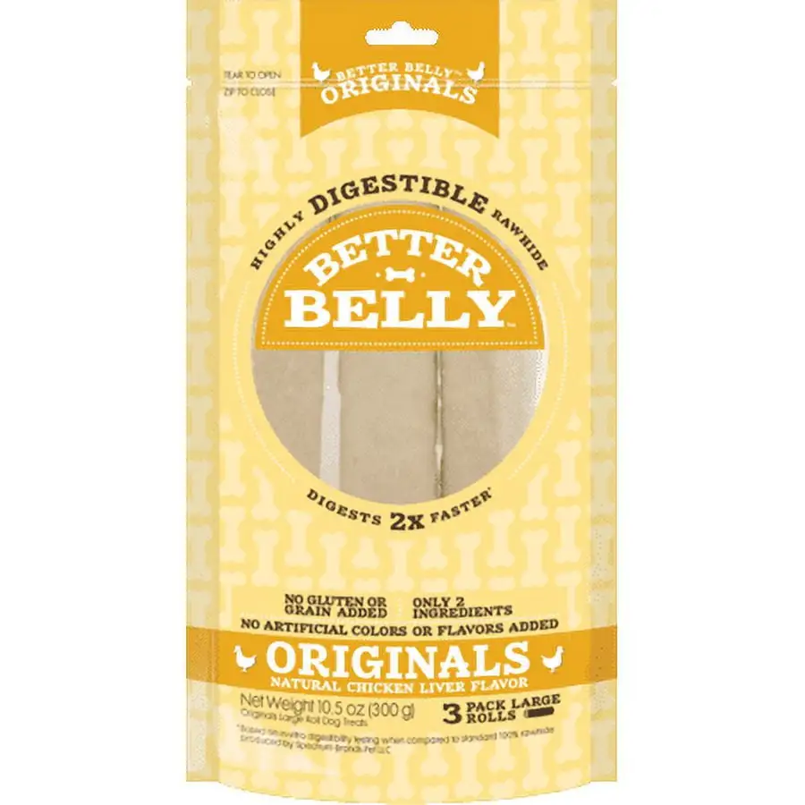 Better Belly Originals Natural Chicken Liver Flavor Large Rolls 3 Count. Highly Digestible Rawhide