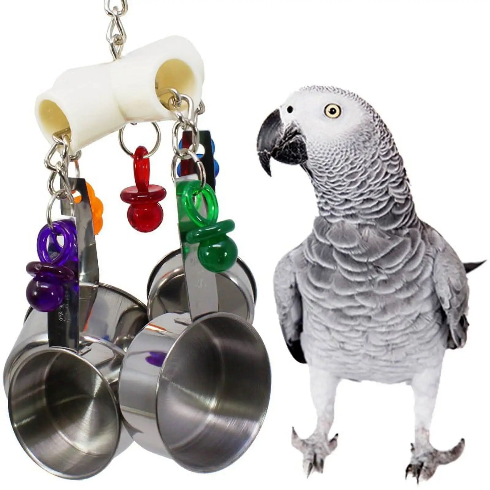 Big Clearance! 4 in 1 Pet Parrot Pot Toy. Bird Chew Toys with Stainless Steel Pot Which Hanging in Cage for Parrot Conure Cockatoo Macaw African Grey Budgie Parakeet Cockatiel Lovebird Finch Cage