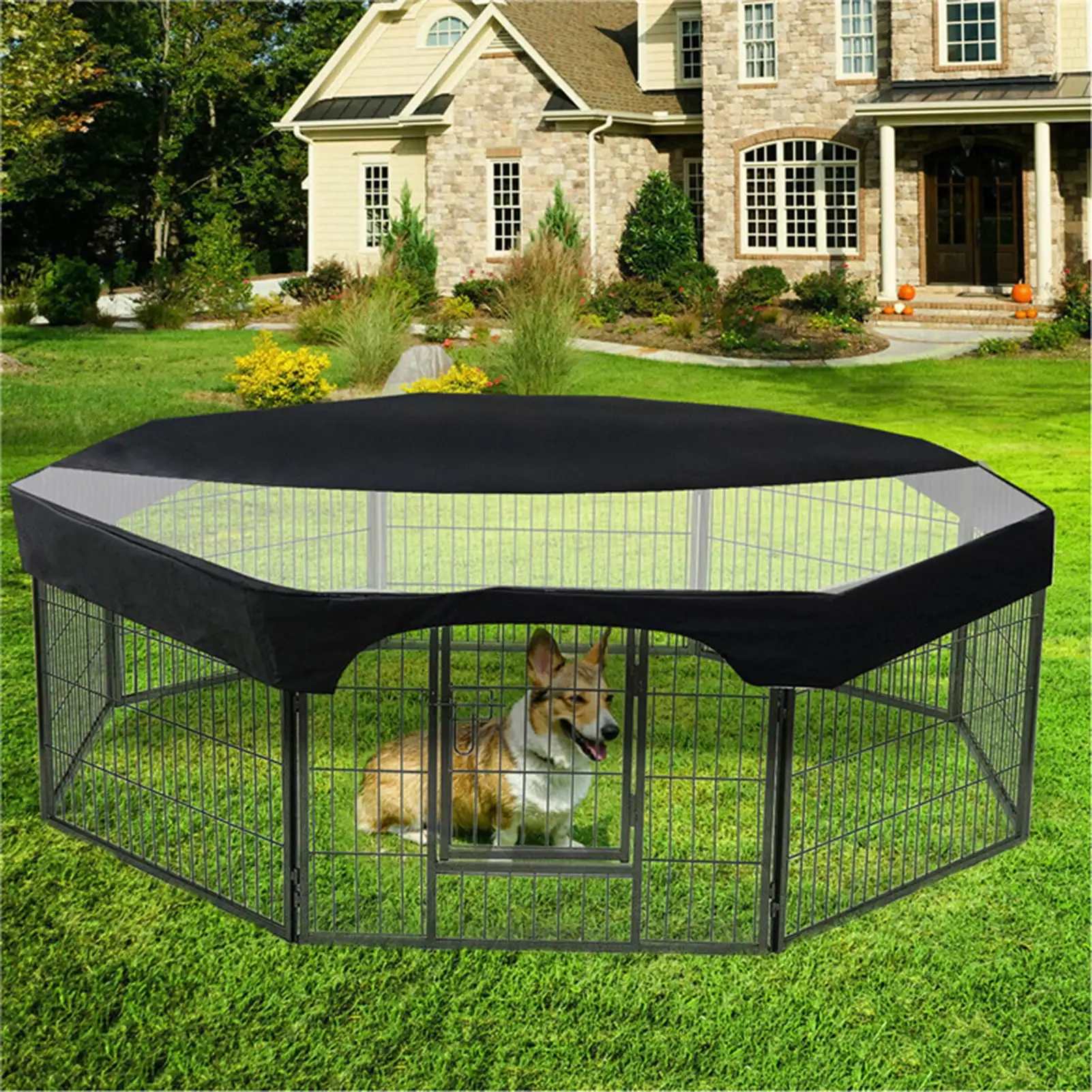 Bigstone Rain-proof Breathable Dog Playpen Top Cover Fabric Half-mesh Half-fabric Pet Playpen Shaded Cover for Patio