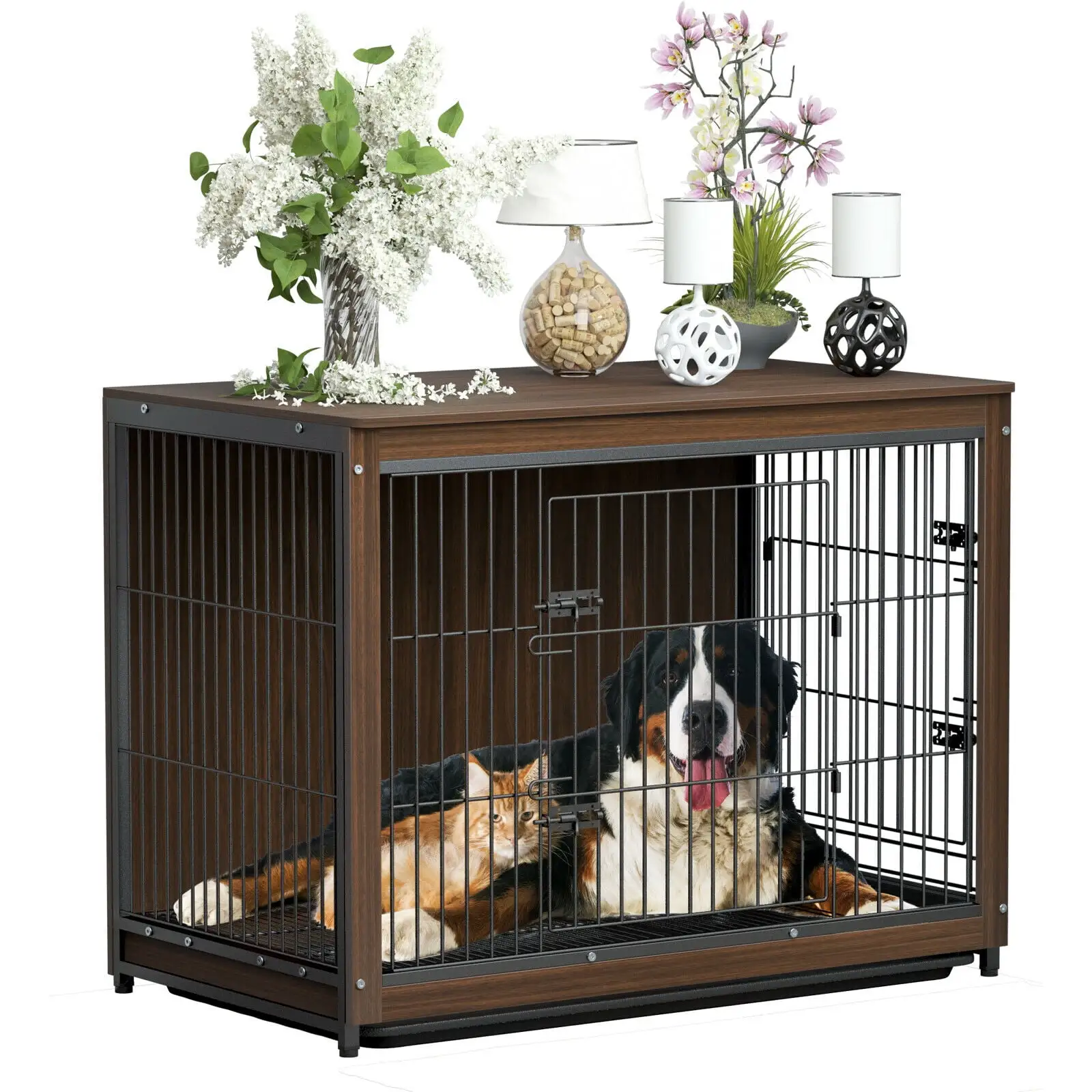 BingoPaw Wooden Pet Crate End Table Dog Cage with Tray 32